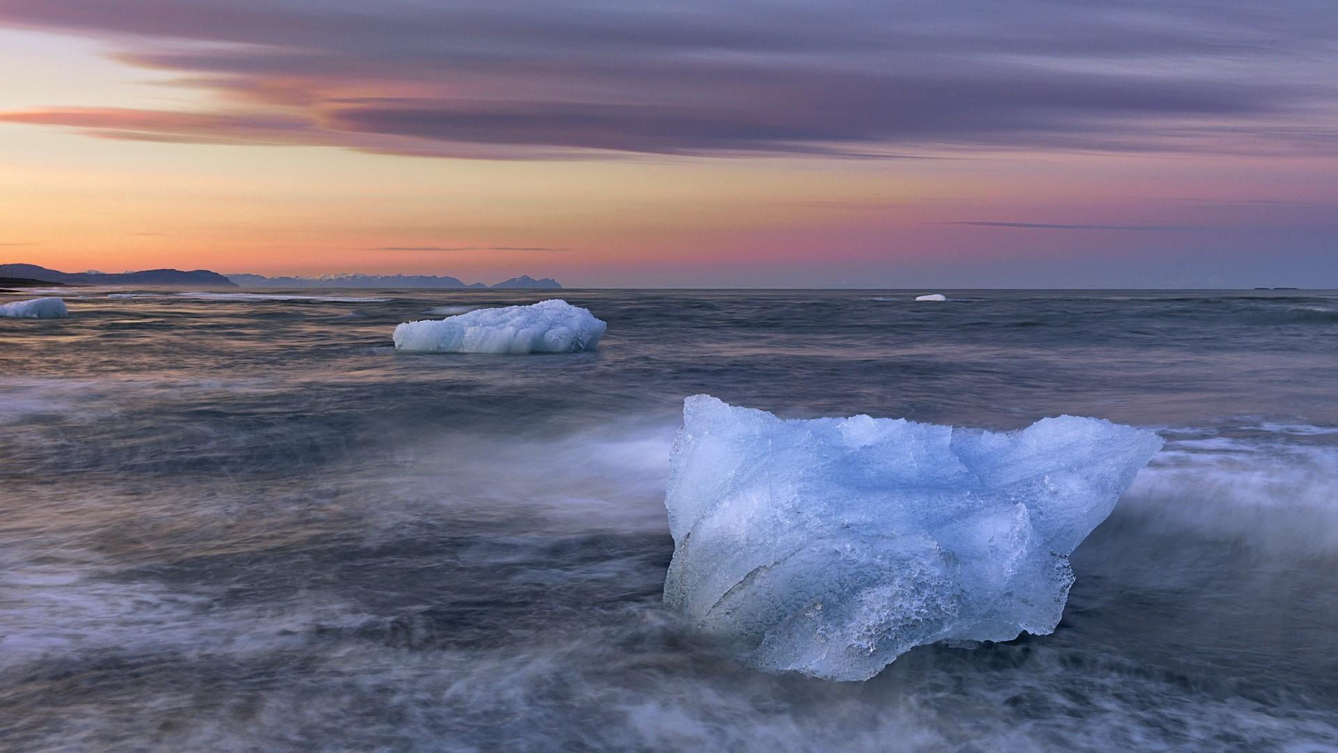 sunrise, rock, 1080P, rock - object, horizon, vatnajokull national park, jokulsarlon, national park, water, glacial lake, lake, tranquil scene, solid, HD Wallpaper