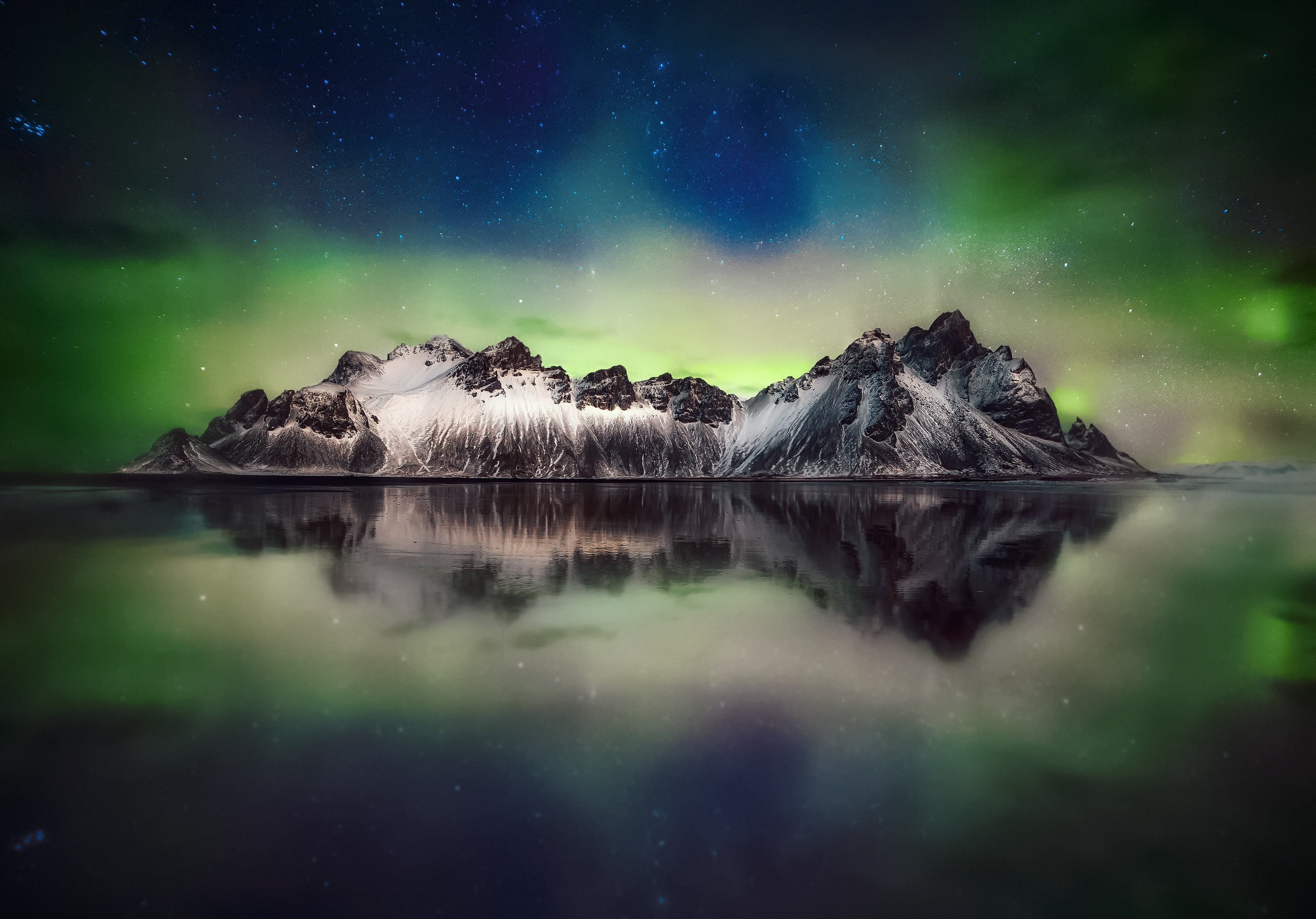 the sky, Northern lights, Cape, Stokksnes, Have stoknes, 2K, night, Iceland, mountains, stars, HD Wallpaper