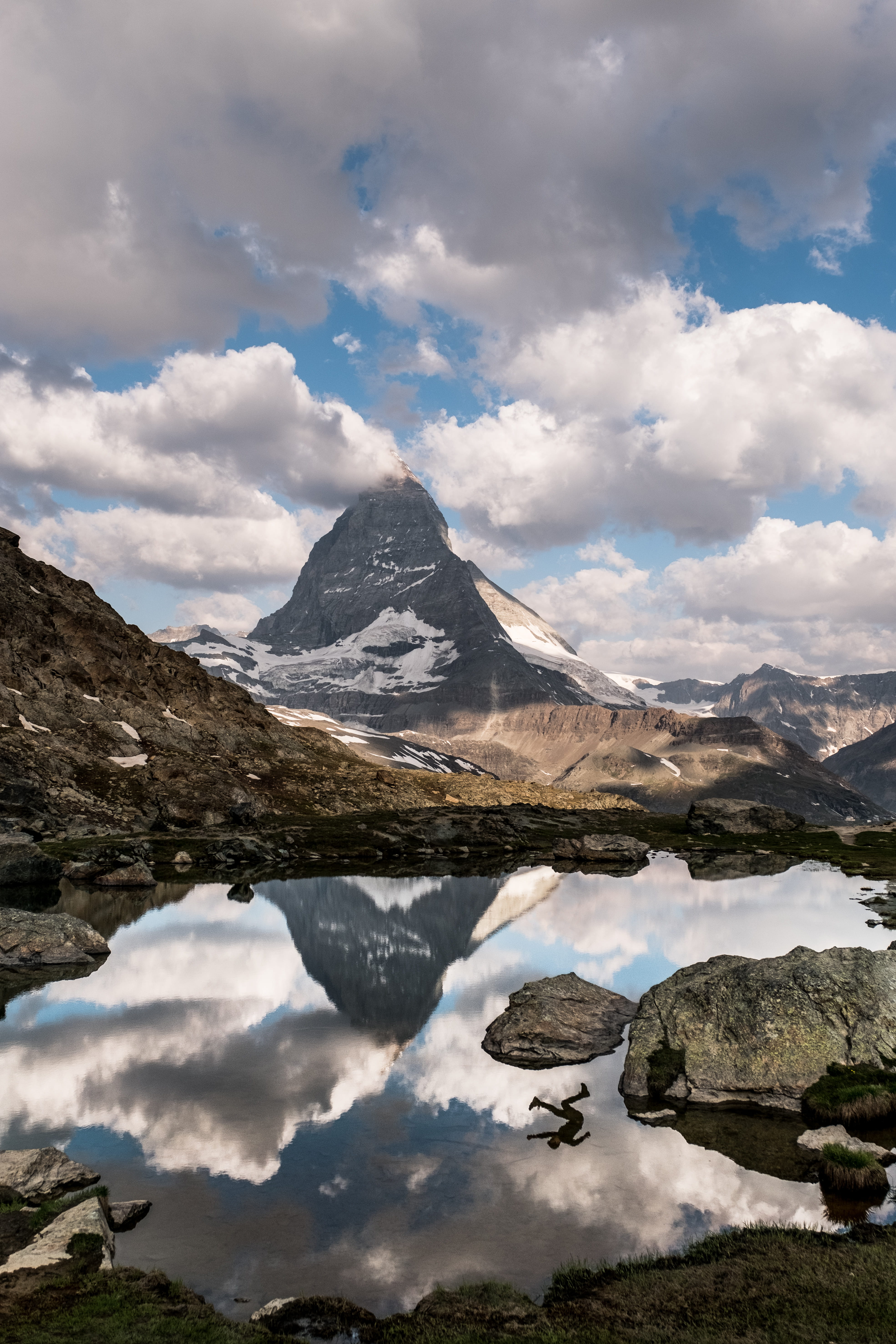 snow, landscape, lake, mountain range, mountain peak, cold temperature, nature, outdoors, winter, wallis, cloud - sky, 5K, zermatt, no people, snowcapped mountain, Phone HD Wallpaper