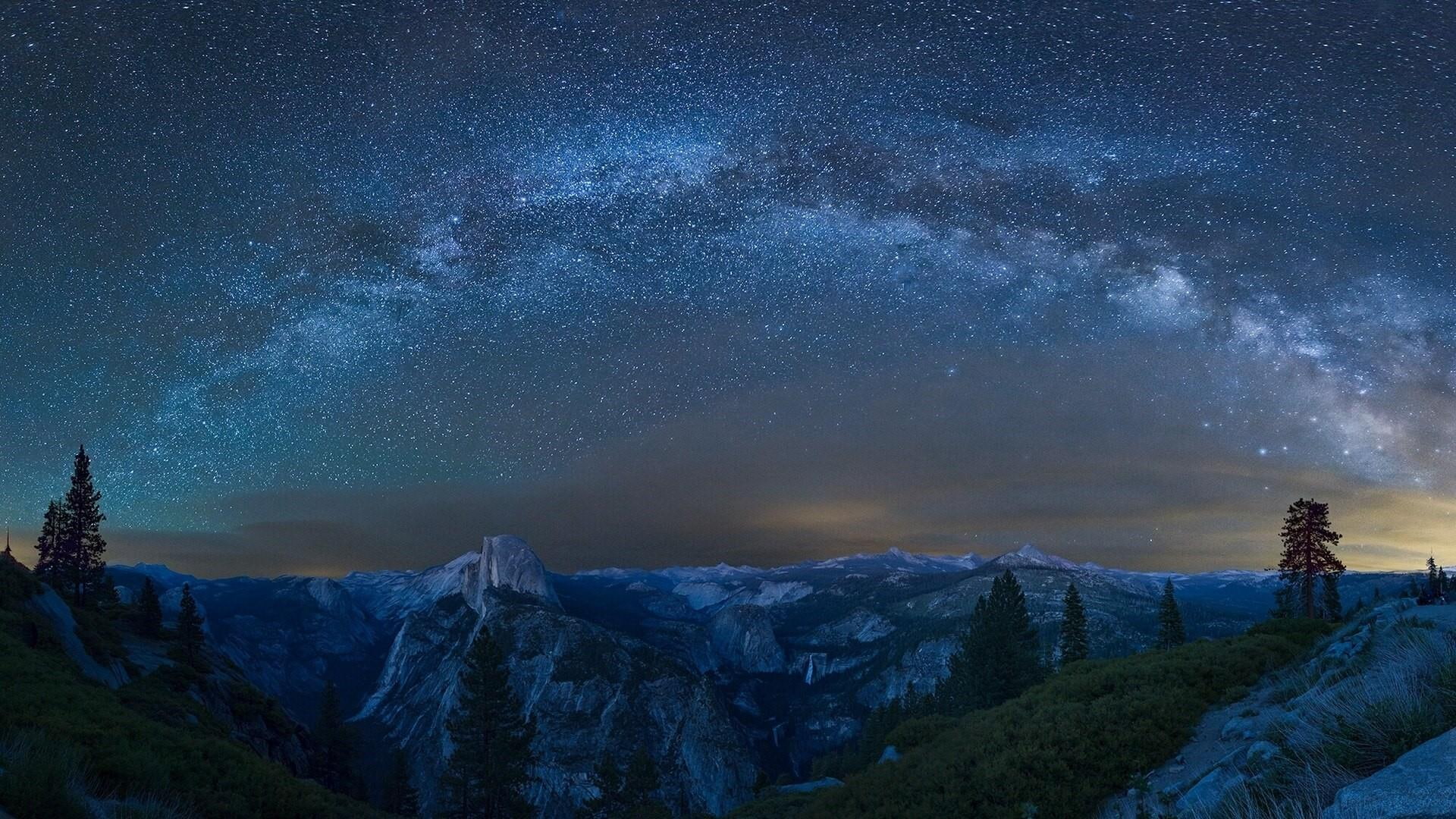 atmosphere, night, national park, yosemite national park, mountain, view, sky, landscape, mountain range, panorama, nature, california, phenomenon, milky way, HD Wallpaper