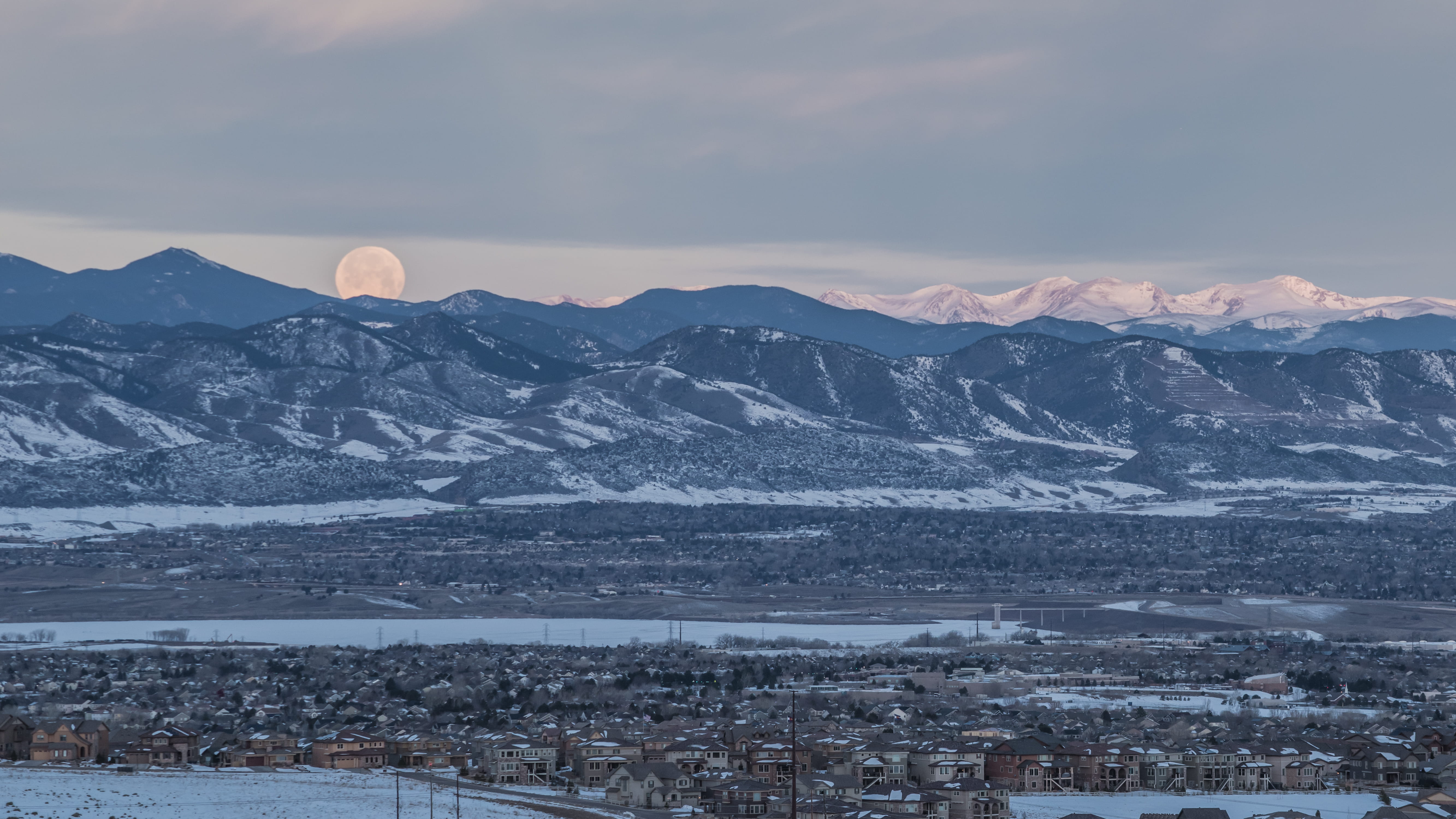 chatfield, tranquil scene, non-urban scene, mountains, ice, no people, sky, winter, cold, tranquility, scenery, sunrise, mountain range, moon, highlands ranch, HD Wallpaper