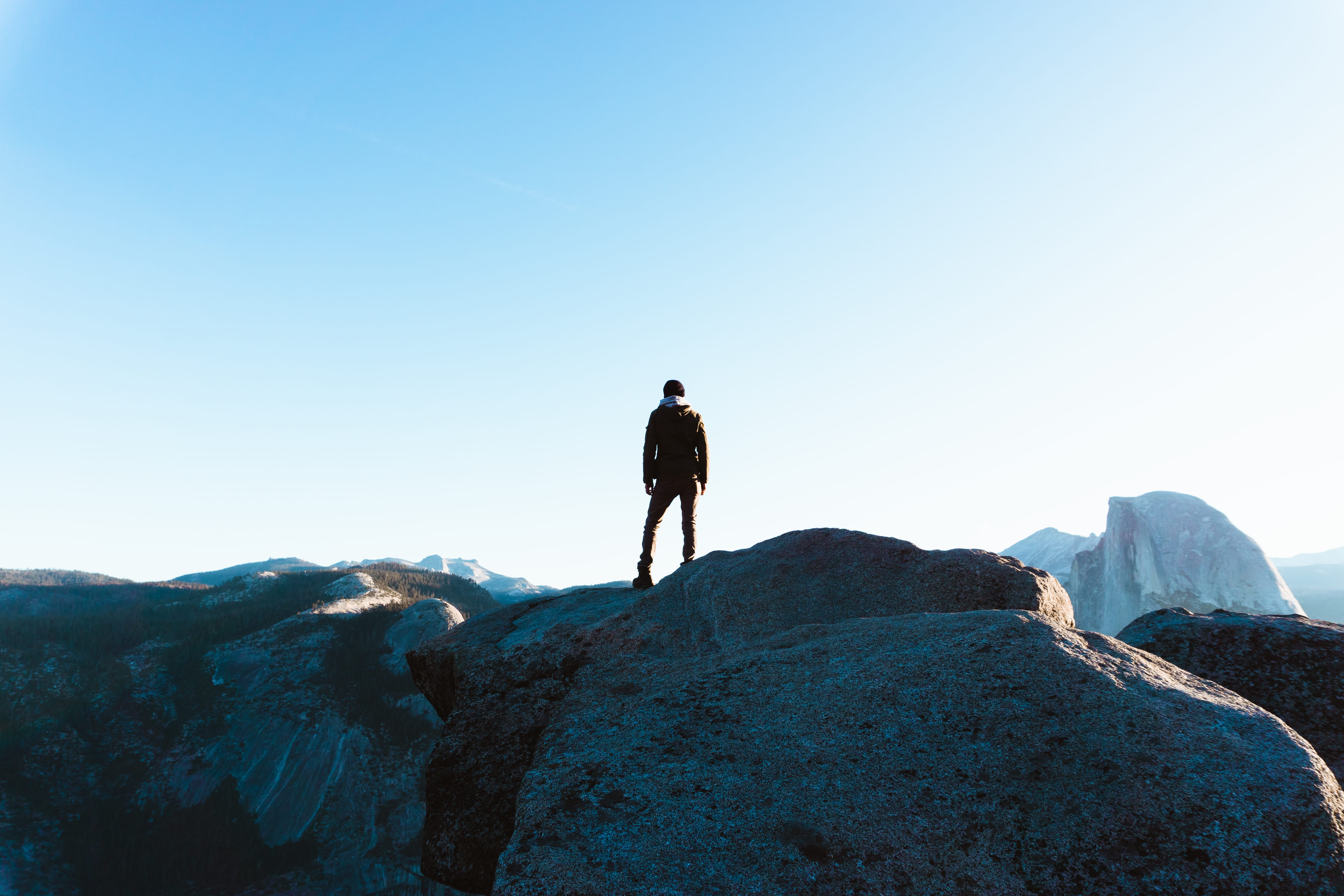 danger, scenics - nature, ledge, glacier point, mountain range, sky, solid, rear view, dirt road, mountain peak, full length, cliff, peak, human, rock - object, HD Wallpaper
