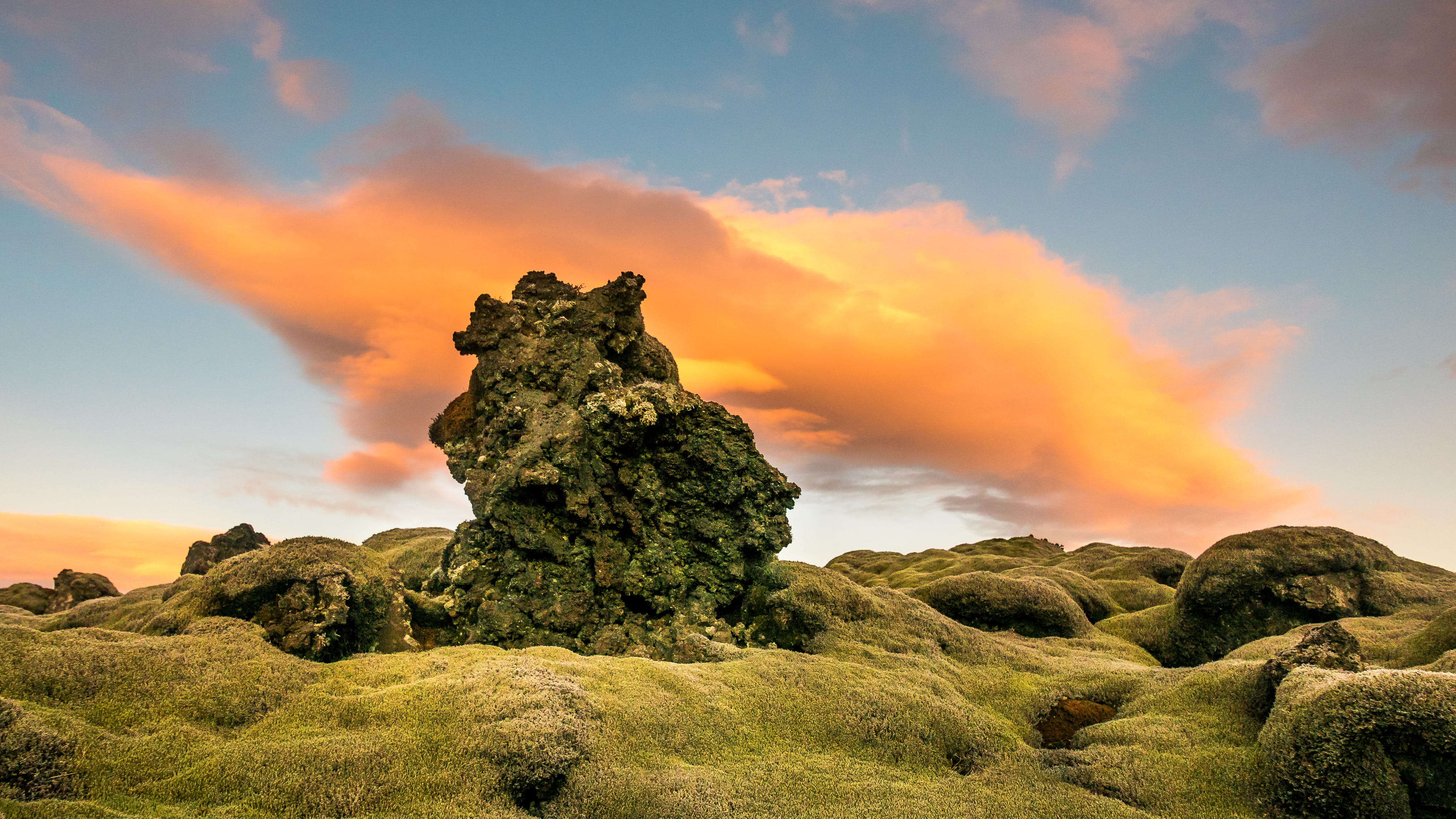 4K, cloudscape, rock - object, eroded, landscape, sunset, ridge, volcanic rock, grass, non-urban scene, spire, dramatic sky, cloud - sky, photo, climate, HD Wallpaper