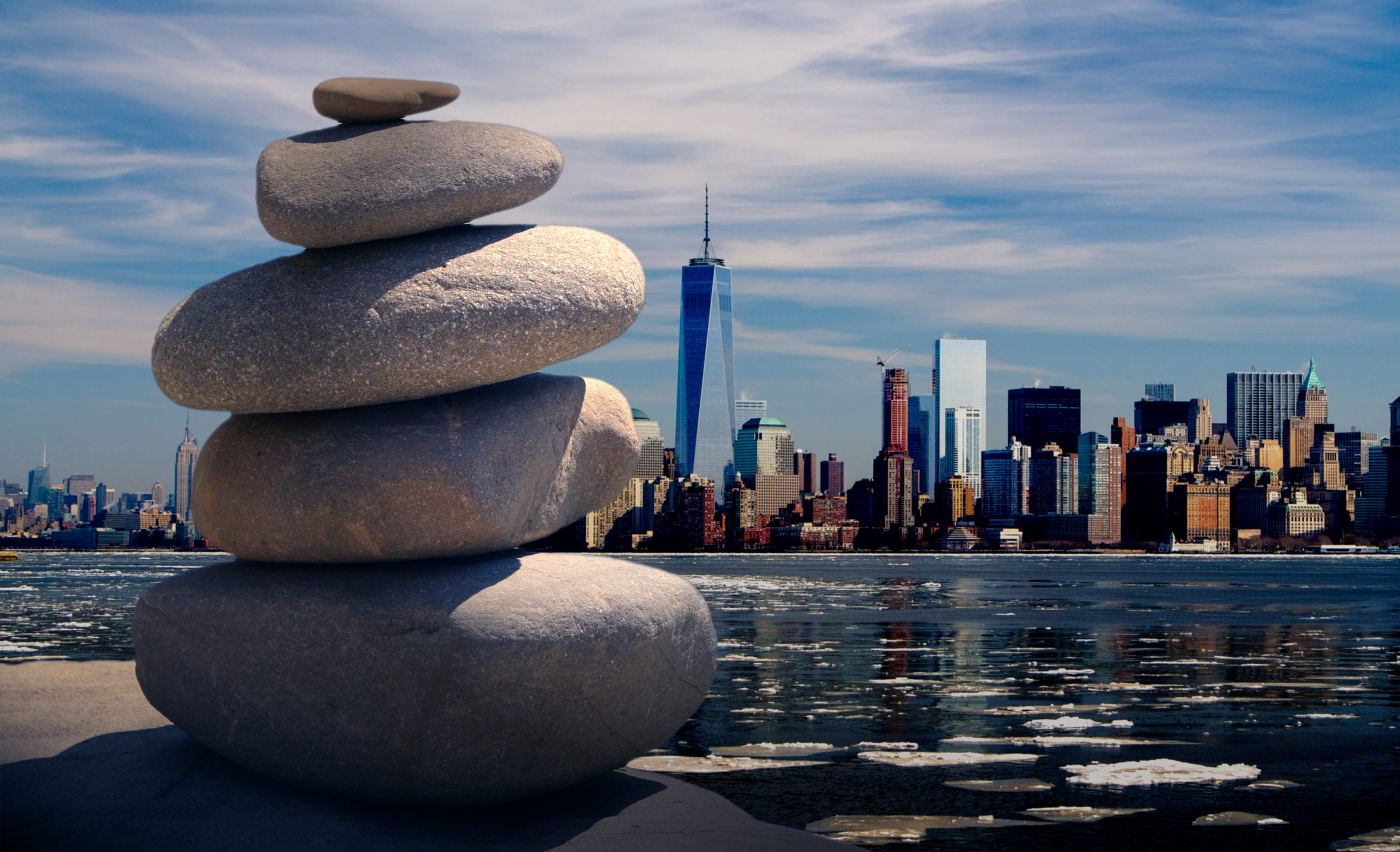 relaxation, zen, rocks, cityscape, spire, ocean, water, sky, stone, pebble, meditation, modern, serenity, nature, built structure, river, financial district, HD Wallpaper