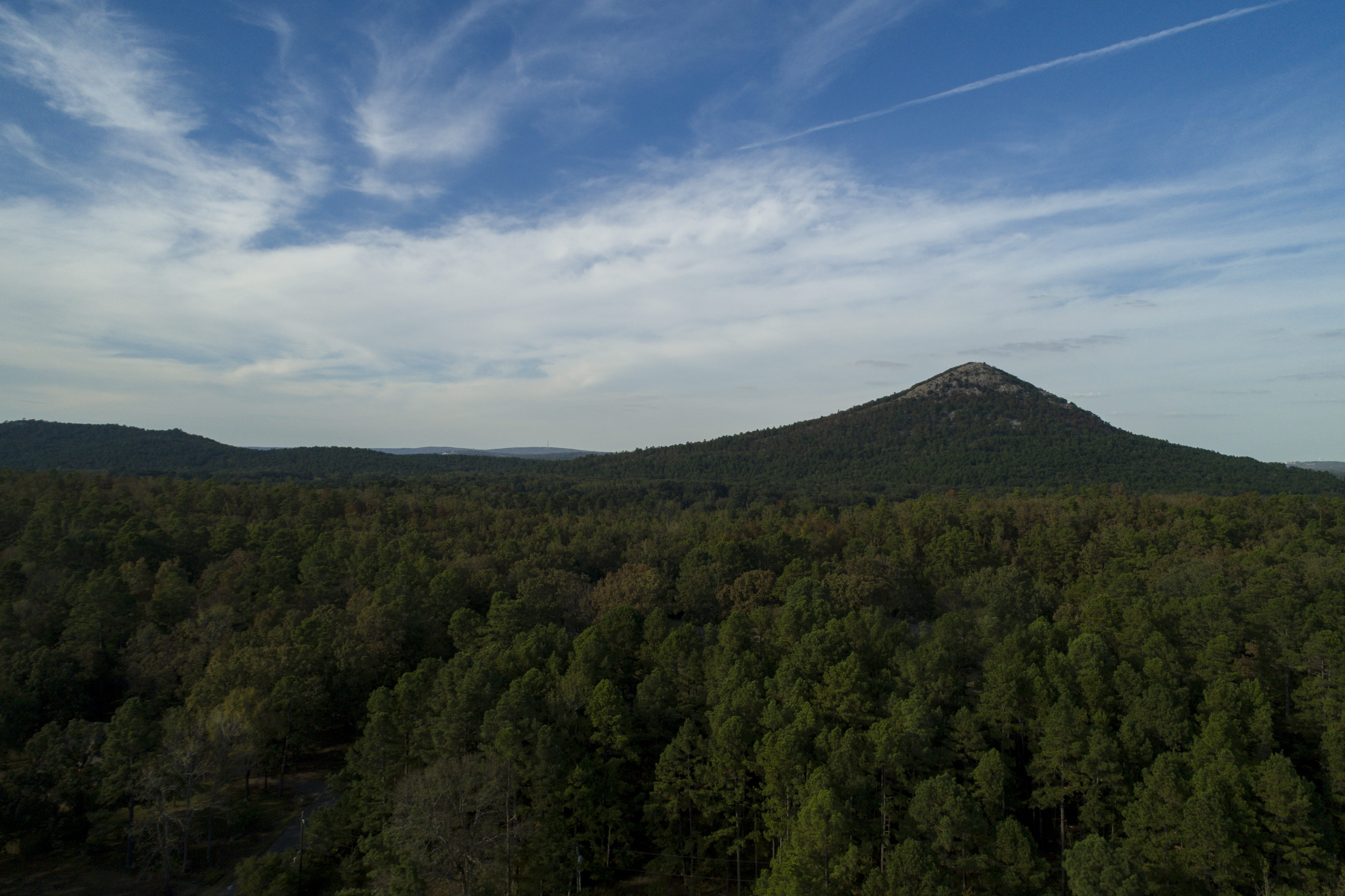 trees, environment, drone, pinnacle mountain, tranquil scene, nature, land, mountain peak, remote, no people, 5K, mountain, tree, green color, little rock, HD Wallpaper