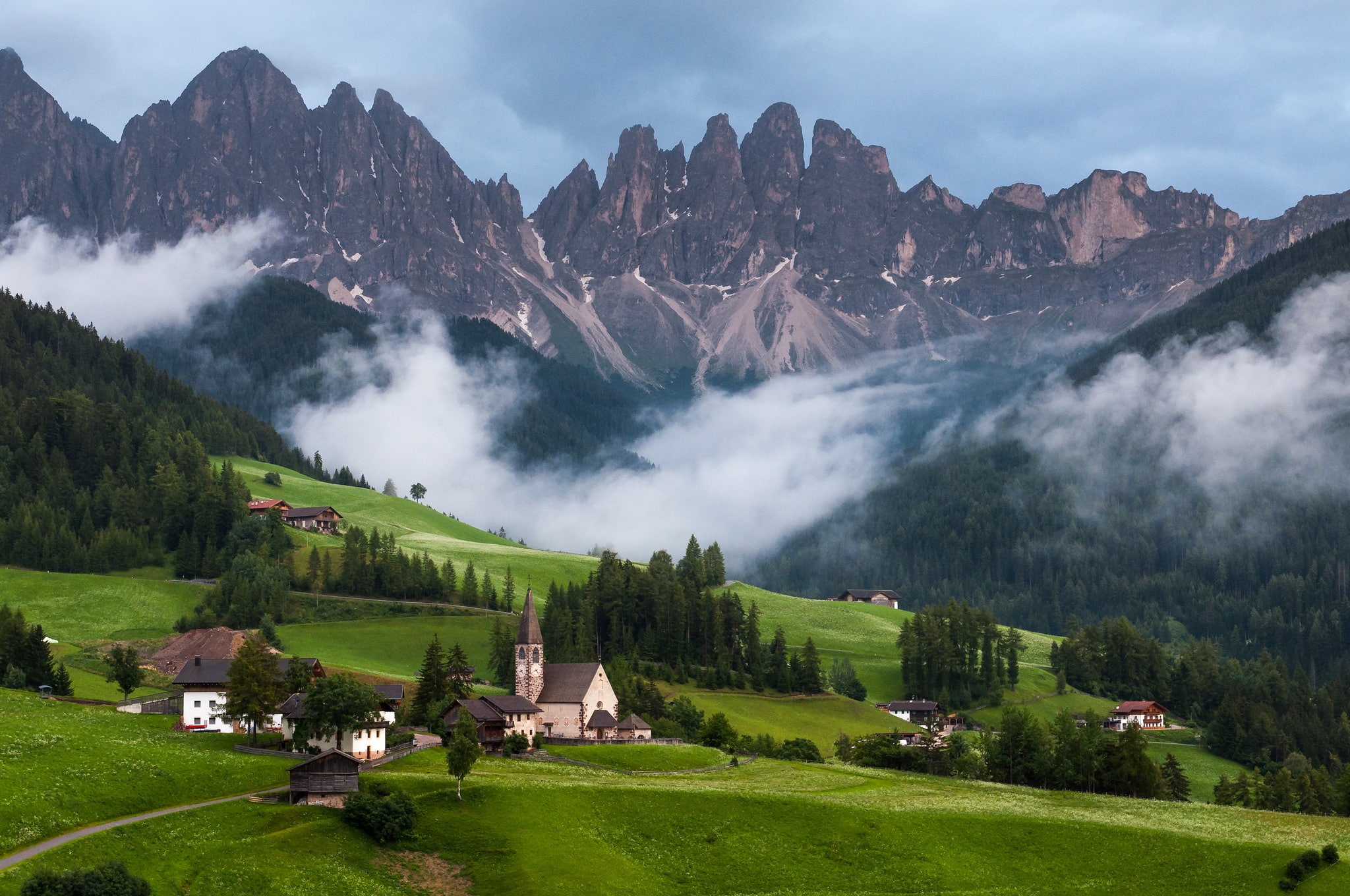 Dolomite Alps, 1080P, Church St. Magdalena, sunset, HD Wallpaper