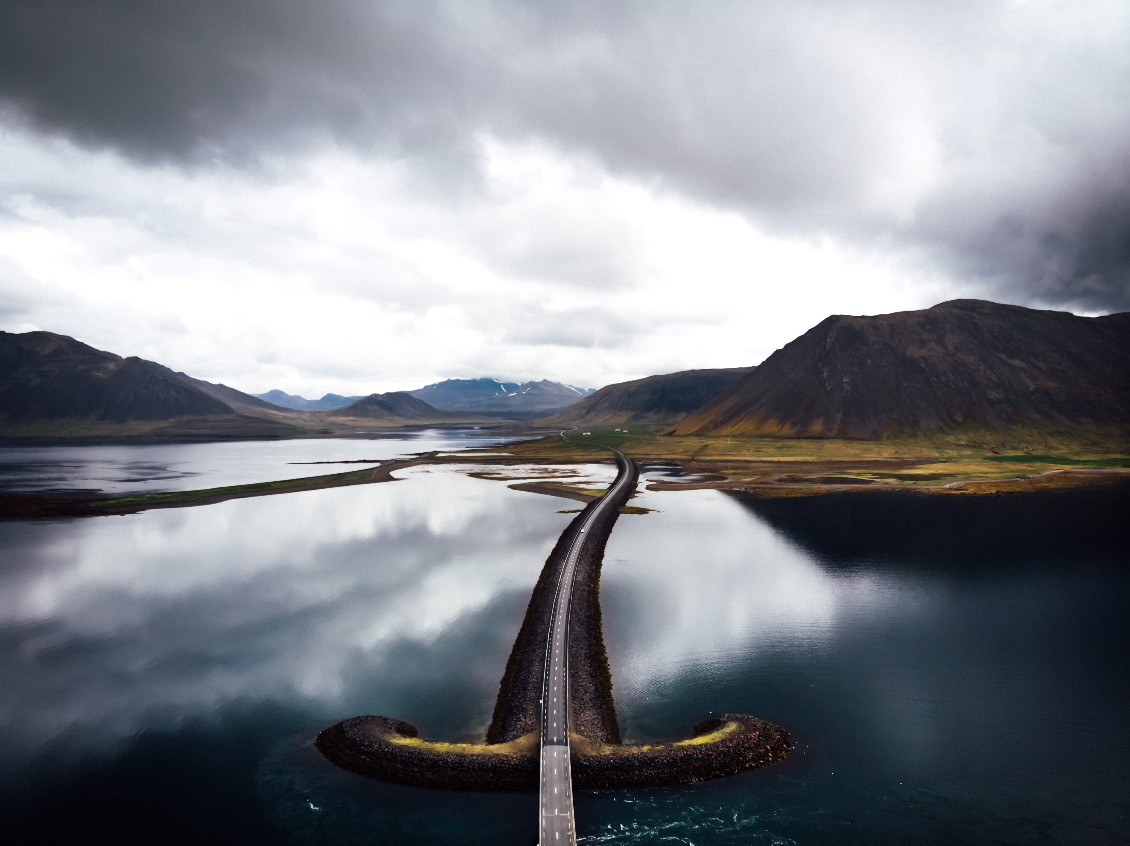 near, volcanic crater, west coast, mountain, aerial view, snafellsne, mountains, road, dji, tranquil scene, street, connect, mountain range, 4K, landscape, HD Wallpaper