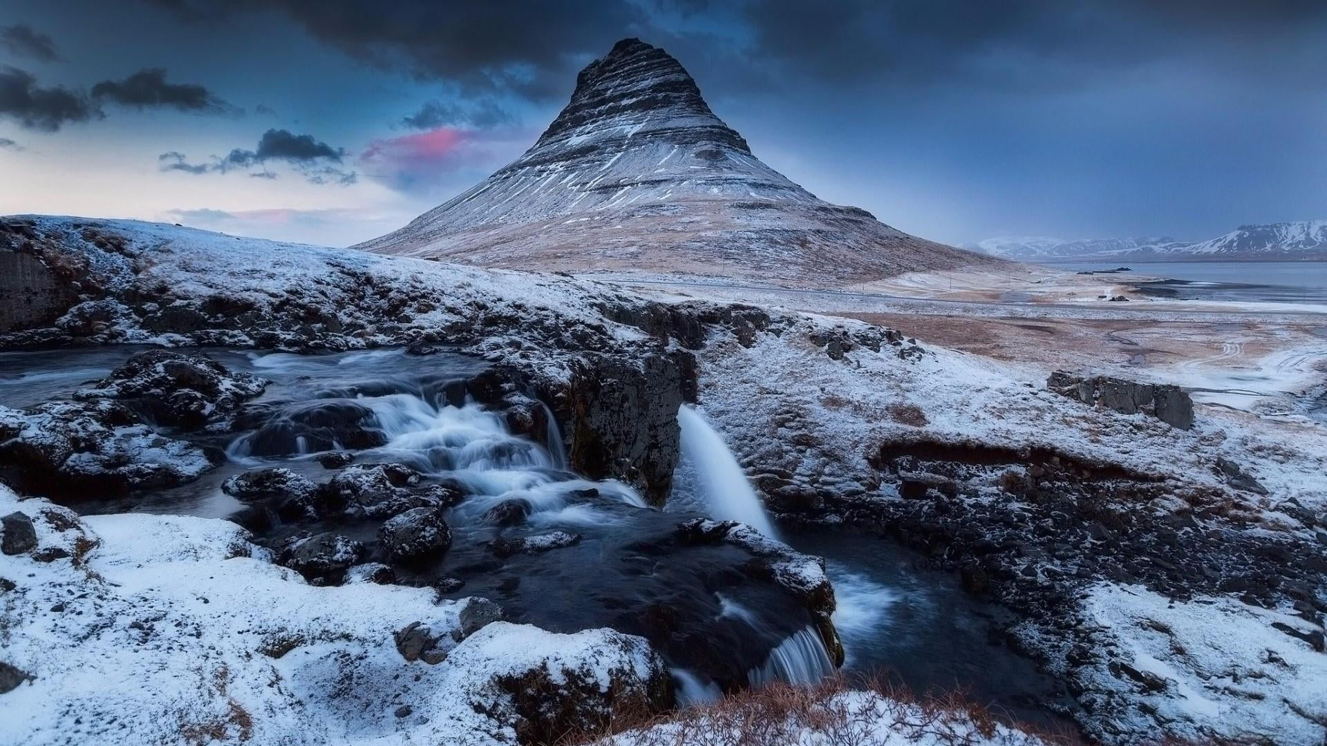 outdoors, landscape, mountain peak, tranquility, winter, kirkjufell mountain, stream - flowing water, clouds, stream, 1080P, non-urban scene, no people, HD Wallpaper