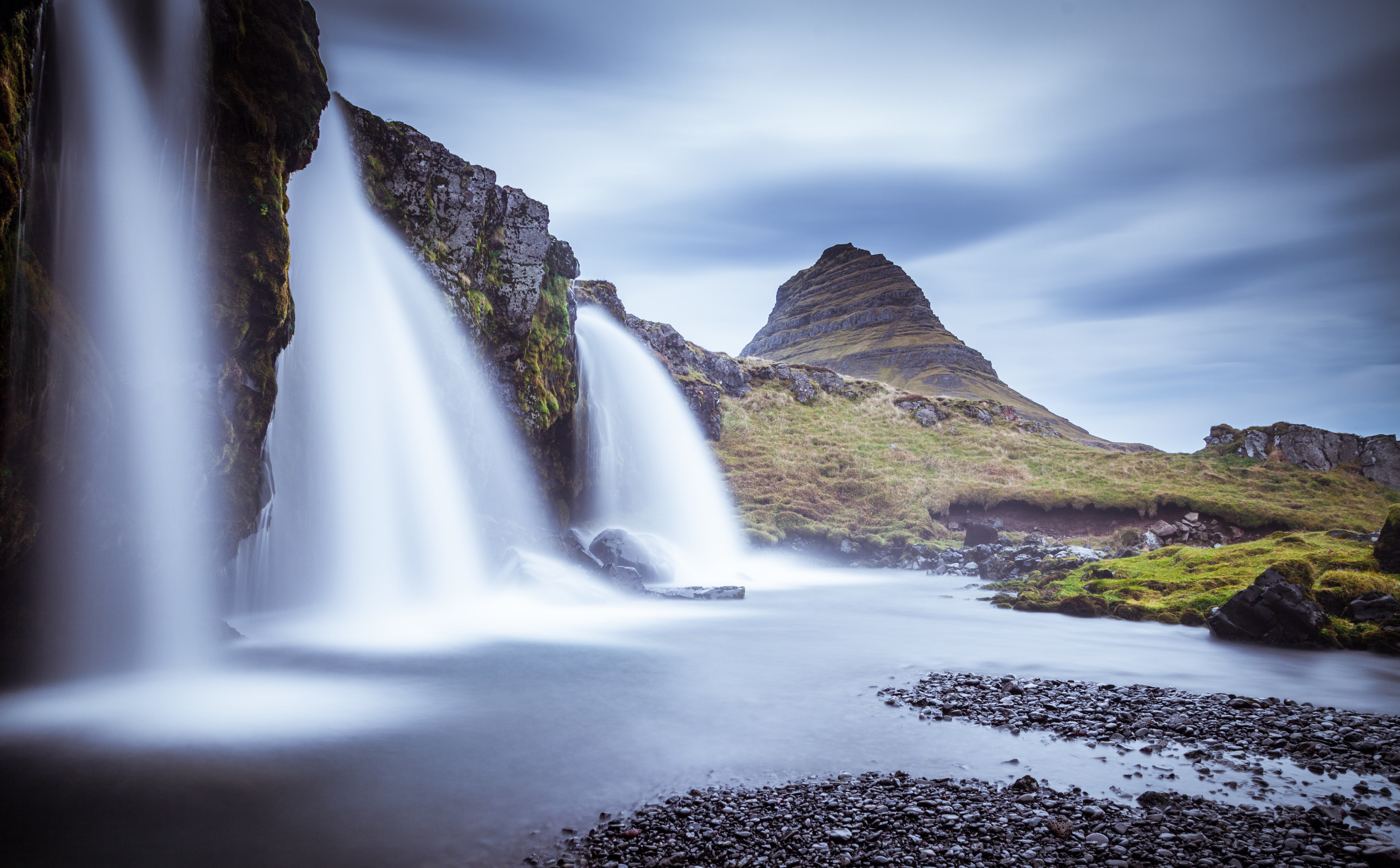 sky, non-urban scene, idyllic, Tour, Grundarfjordur, Europe, Iceland, Volcanic, no people, ecotourism, cloud - sky, Nature, water, kirkjufellsfoss, 5K, HD Wallpaper