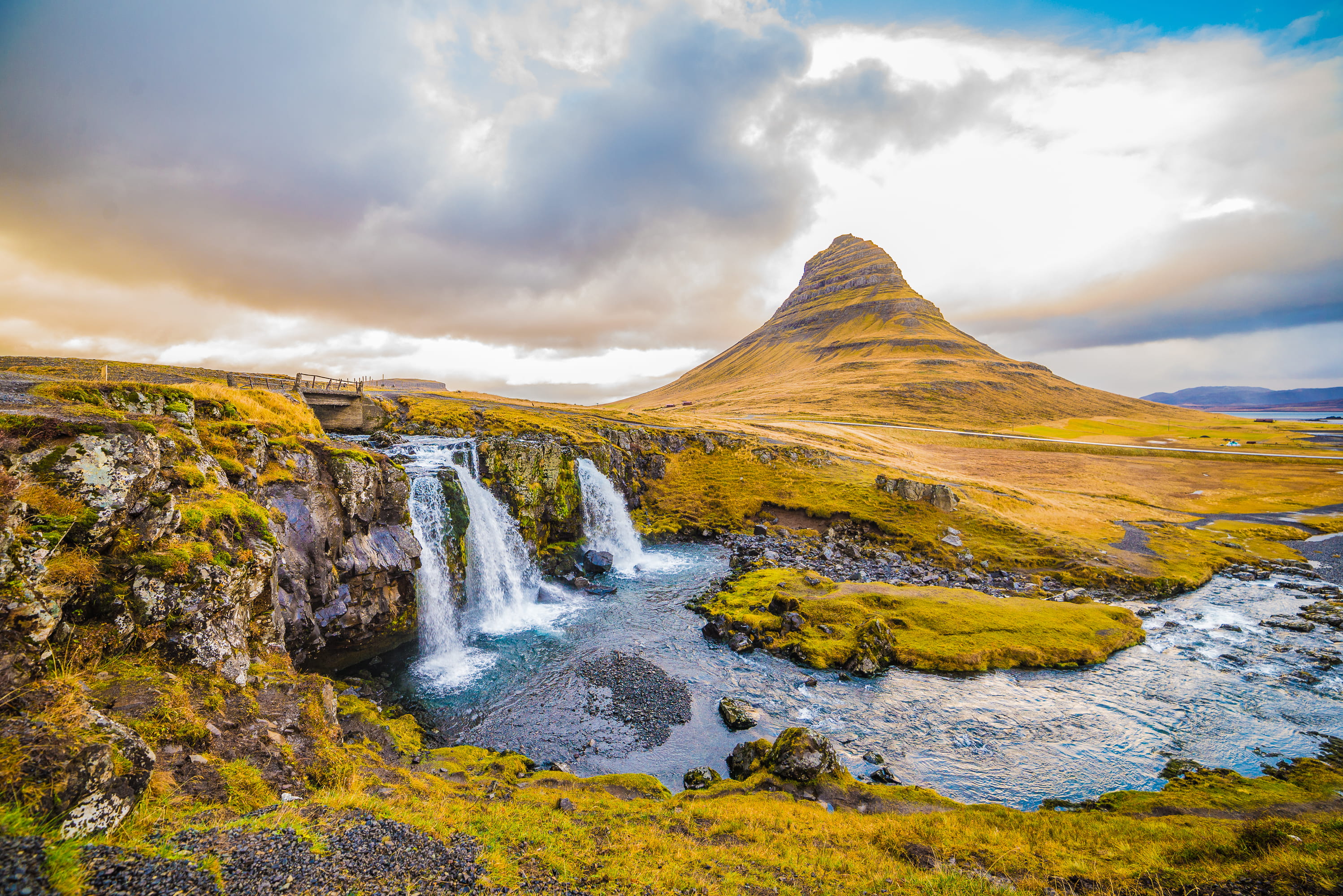 solid, wilderness, waterfalls, land, daytime, sky, nature, water, yellow, no people, outdoors, blue, cloudscape, flowing water, scenics - nature, beauty in nature, HD Wallpaper