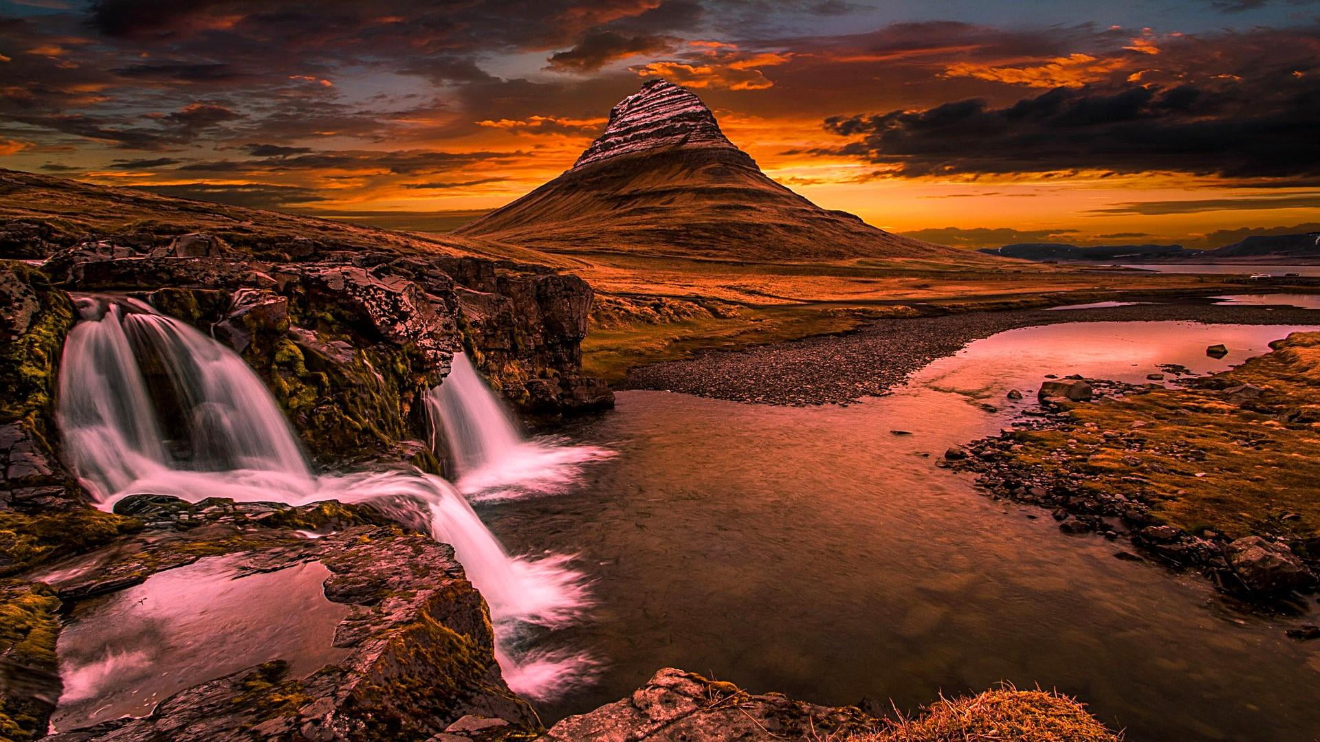 beauty in nature, waterfall, cloud - sky, flowing water, mountain, dramatic sky, horizon, travel destinations, kirkjufell, geological phenomenon, kirkjufellsfoss, HD Wallpaper