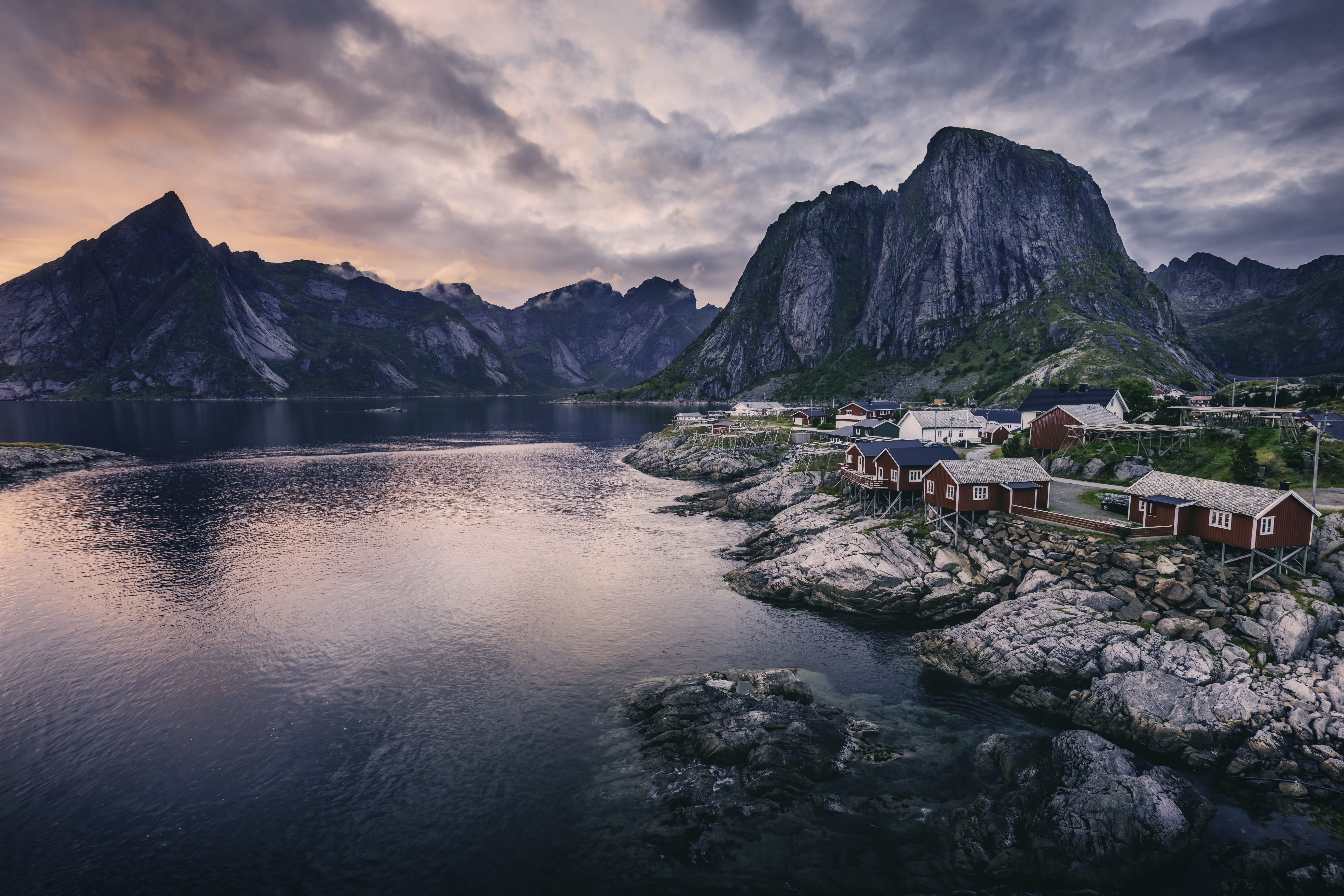 environment, built structure, 5K, photography, cloud - sky, beauty in nature, scenics - nature, rock, cloudy, hamnoy, norway, water, near, mountain range, HD Wallpaper