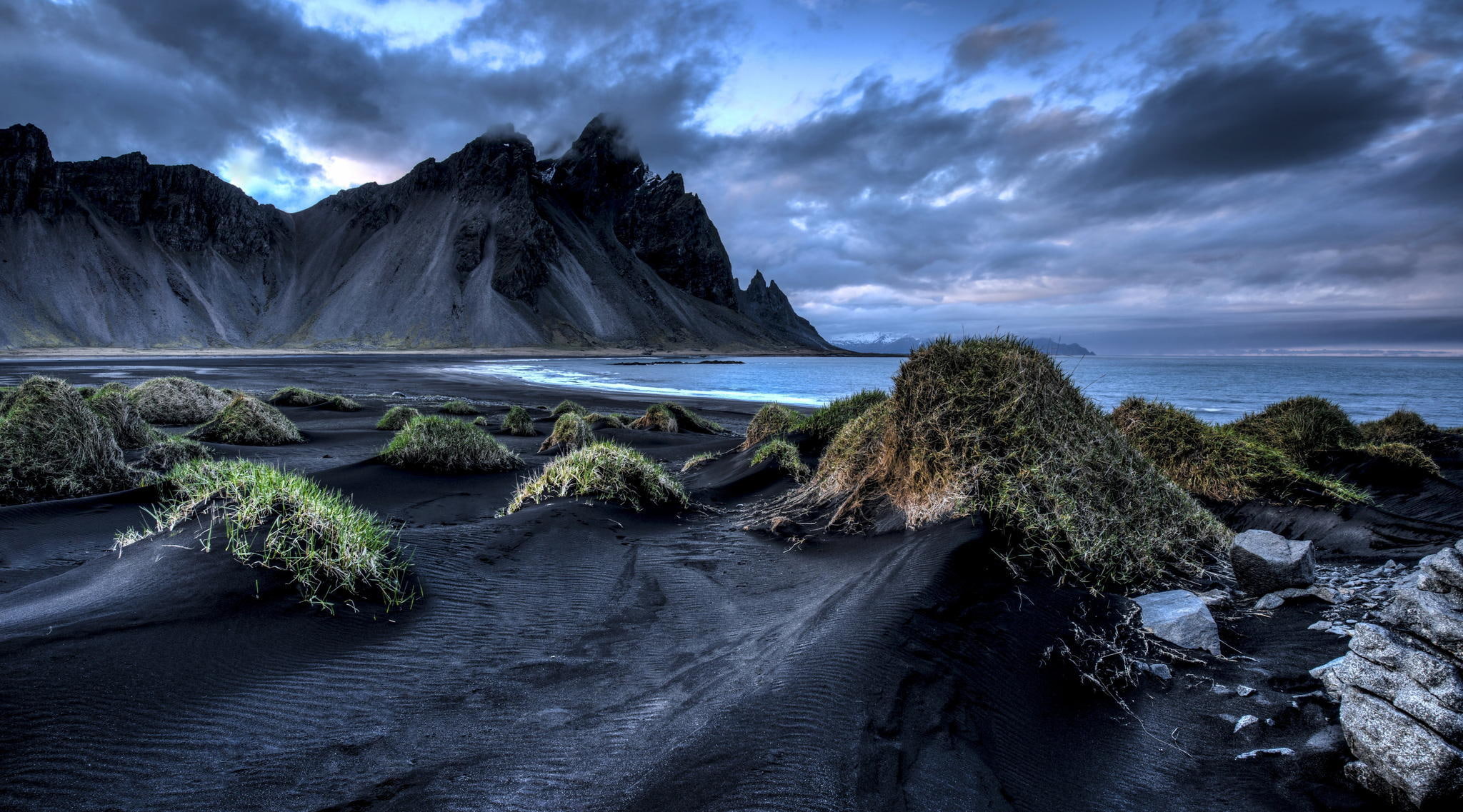 field, grass, Vestrahorn, sea, mountains, shore, Stockksness, black sand, clouds, Iceland, 1080P, HD Wallpaper