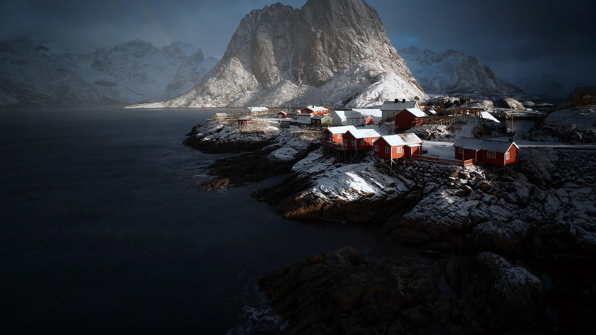 sky, lofoten, environment, picturesque, formation, nature, landscape, beach, water, town, hamnoy, darkness, fjord, travel destinations, rock - object, solid, HD Wallpaper