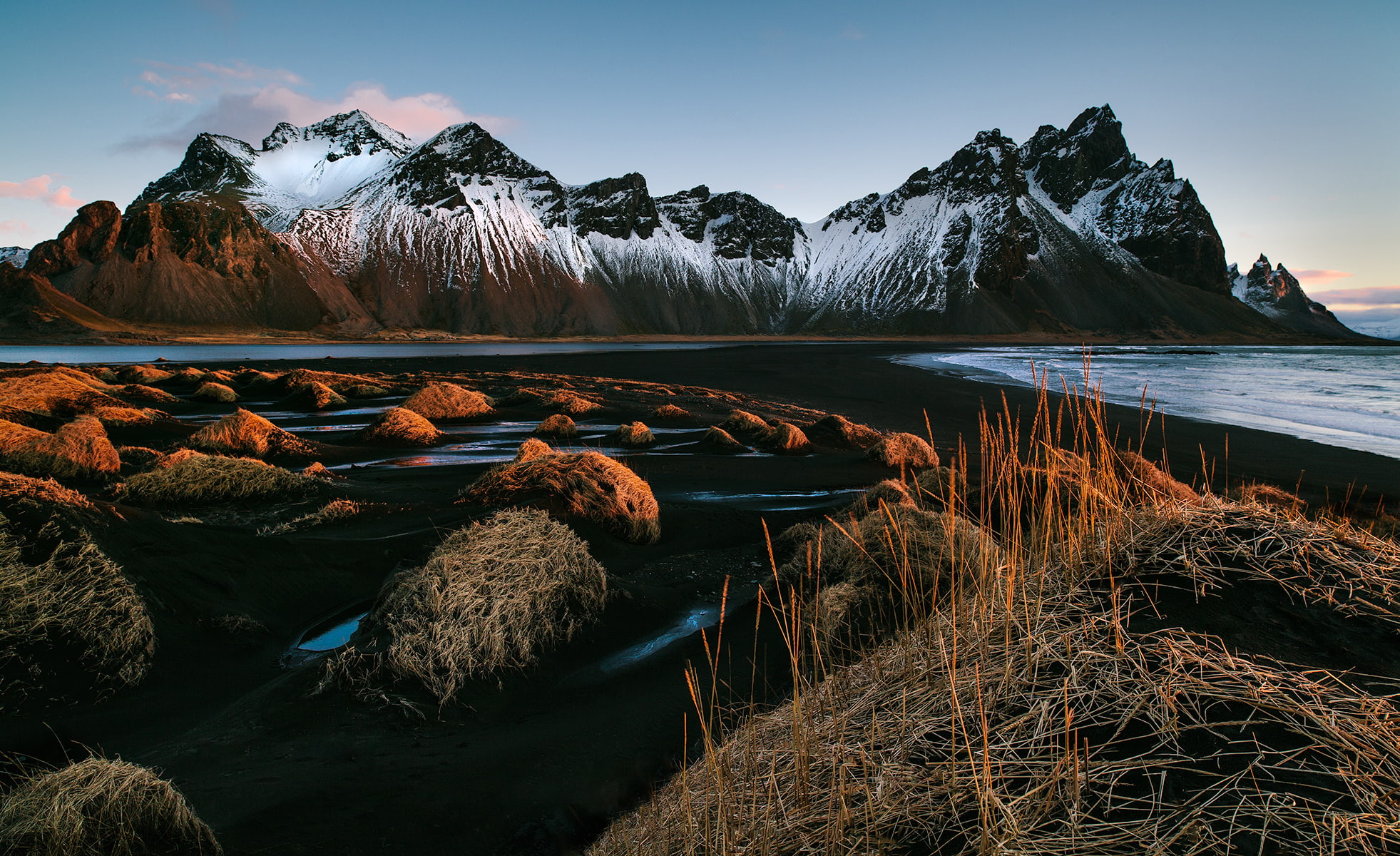 grass, morning, the first rays, Vestrahorn, black lava sand, Iceland, Stockksness, the sky, mountains, 1080P, HD Wallpaper