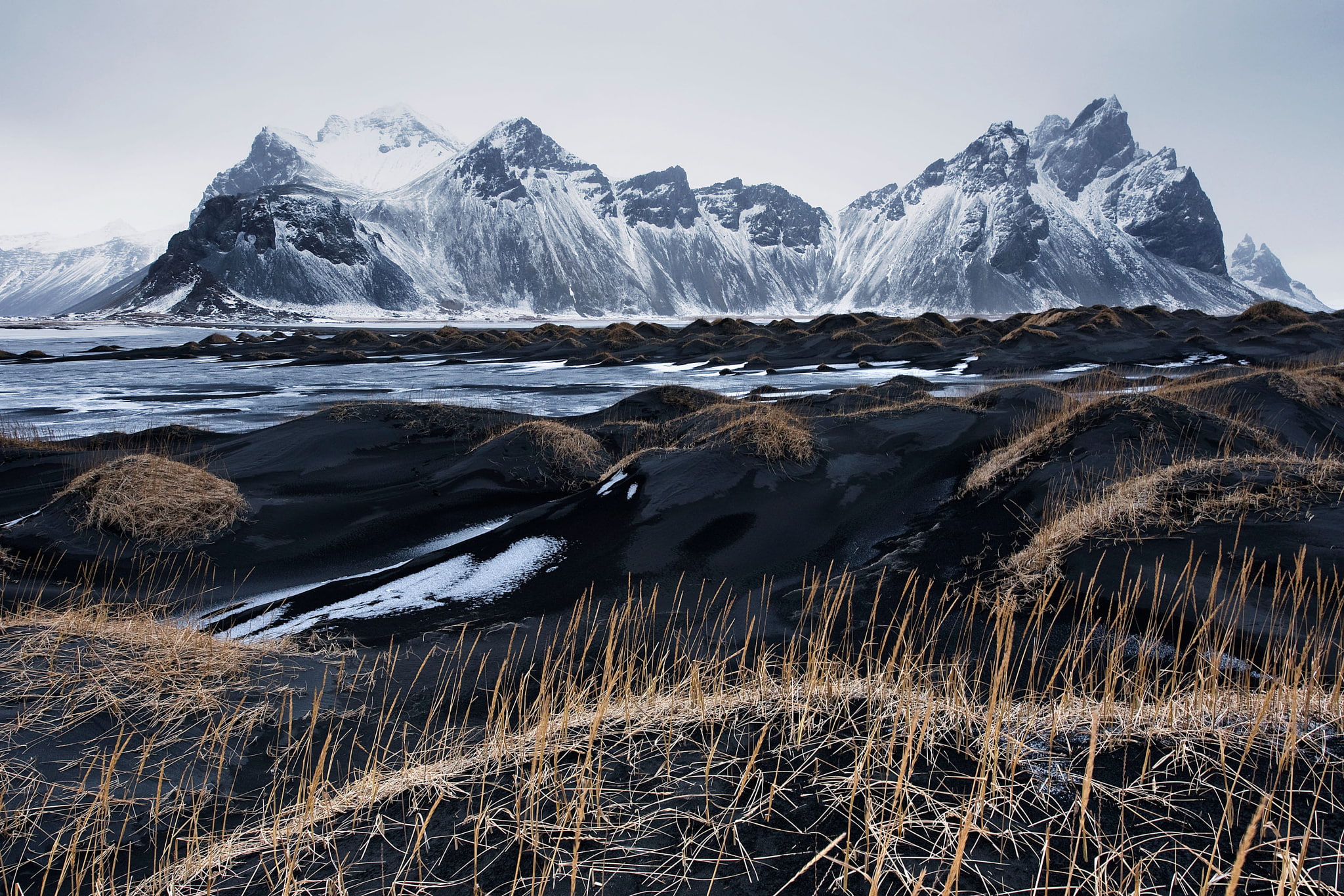 Iceland, black sand, Vestrahorn, mountains, the sky, grass, 1080P, Stockksness, HD Wallpaper