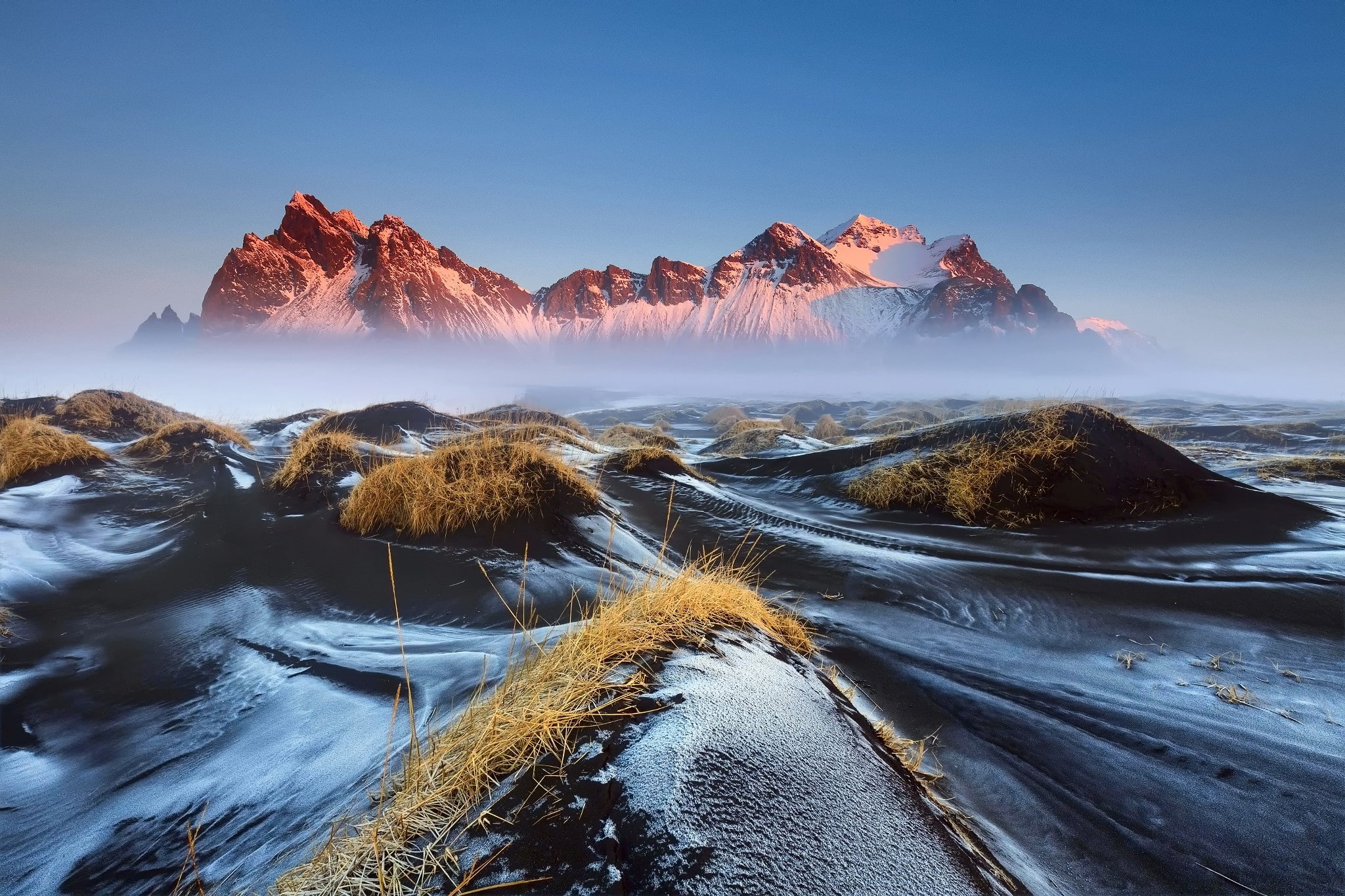 1080P, Iceland, landscape, Vestrahorn, Morning, mountain, nature, grass, snow, mist, Lava, HD Wallpaper