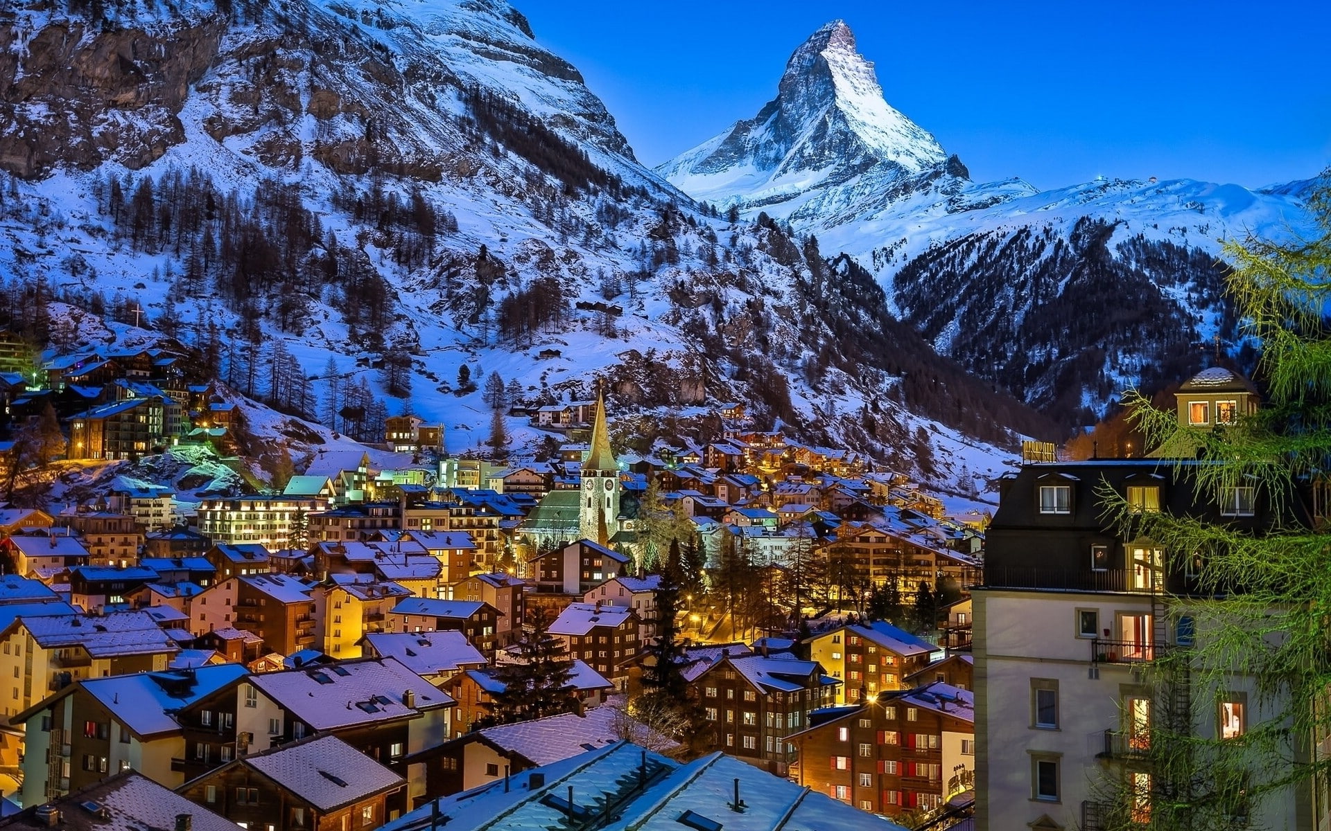 winter, cold temperature, city, rock, Zermatt, religion, beauty in nature, Matterhorn, house, architecture, building, outdoors, nature, Rooftops, place of worship, HD Wallpaper