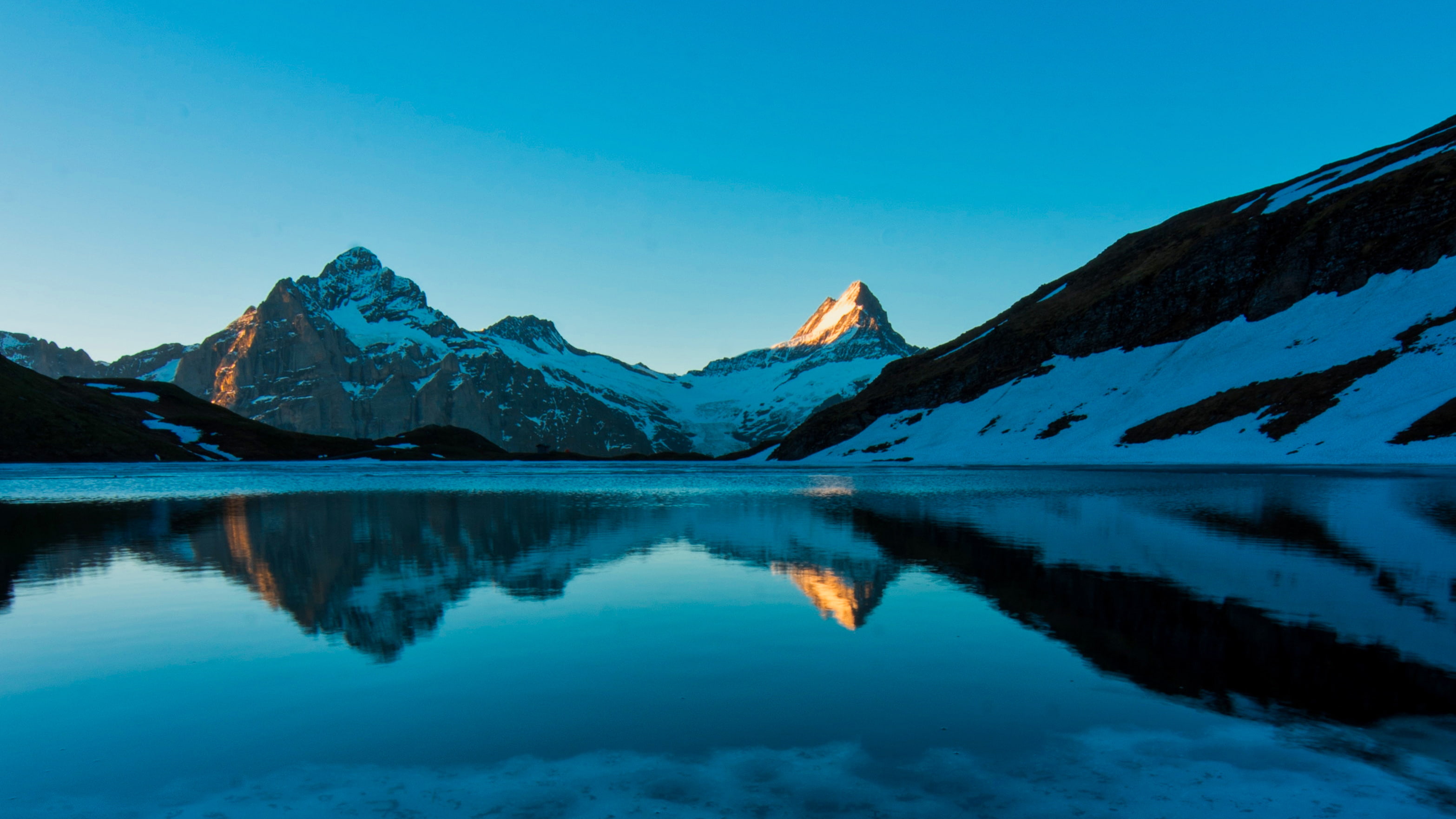 no people, snow, snowcapped mountain, Lake, cold temperature, reflection, Bachalpsee, winter, 2K, mountain range, tranquility, mountain, water, formation, HD Wallpaper
