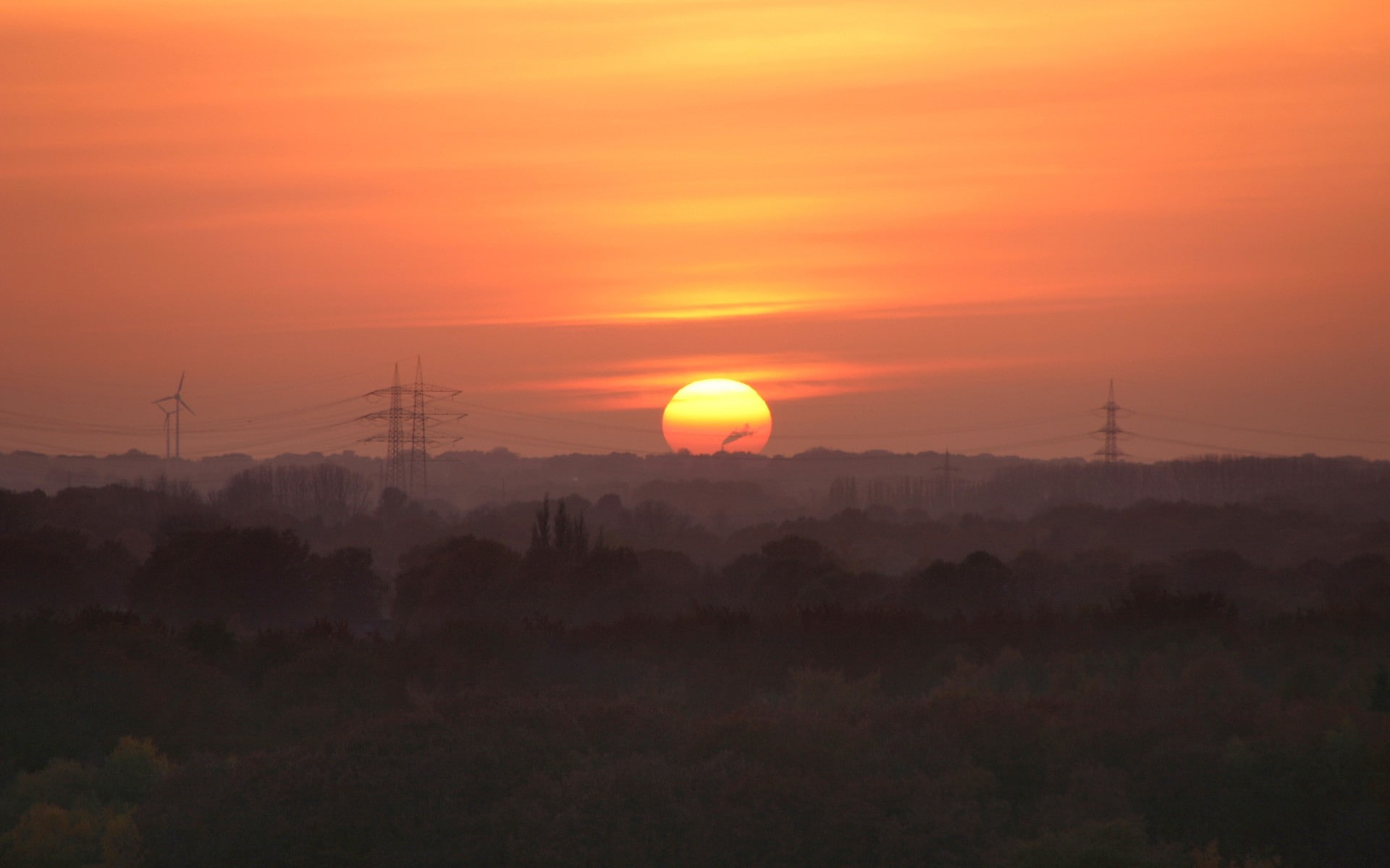 landscape, power lines, sunset, 1080P, smoke, wind turbine, HD Wallpaper