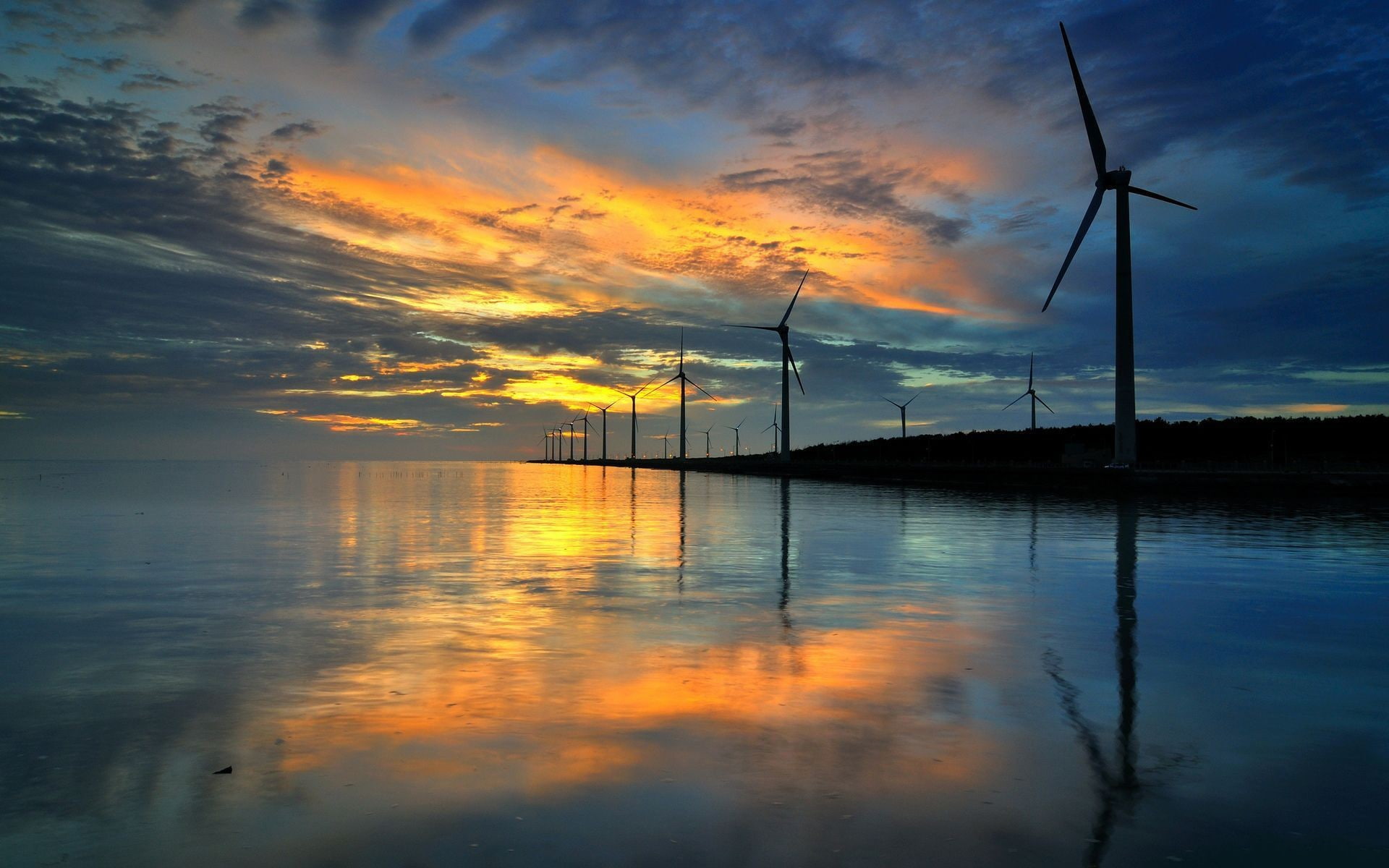 1080P, reflection, wind turbine, nature, sunset, HD Wallpaper