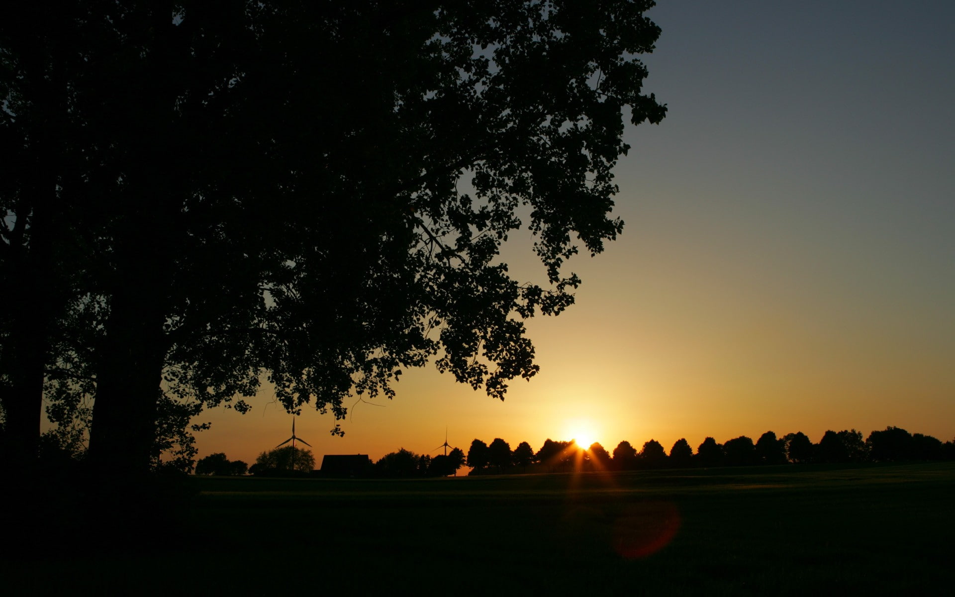 silhouette, trees, landscape, 1080P, sunset, dusk, wind turbine, HD Wallpaper
