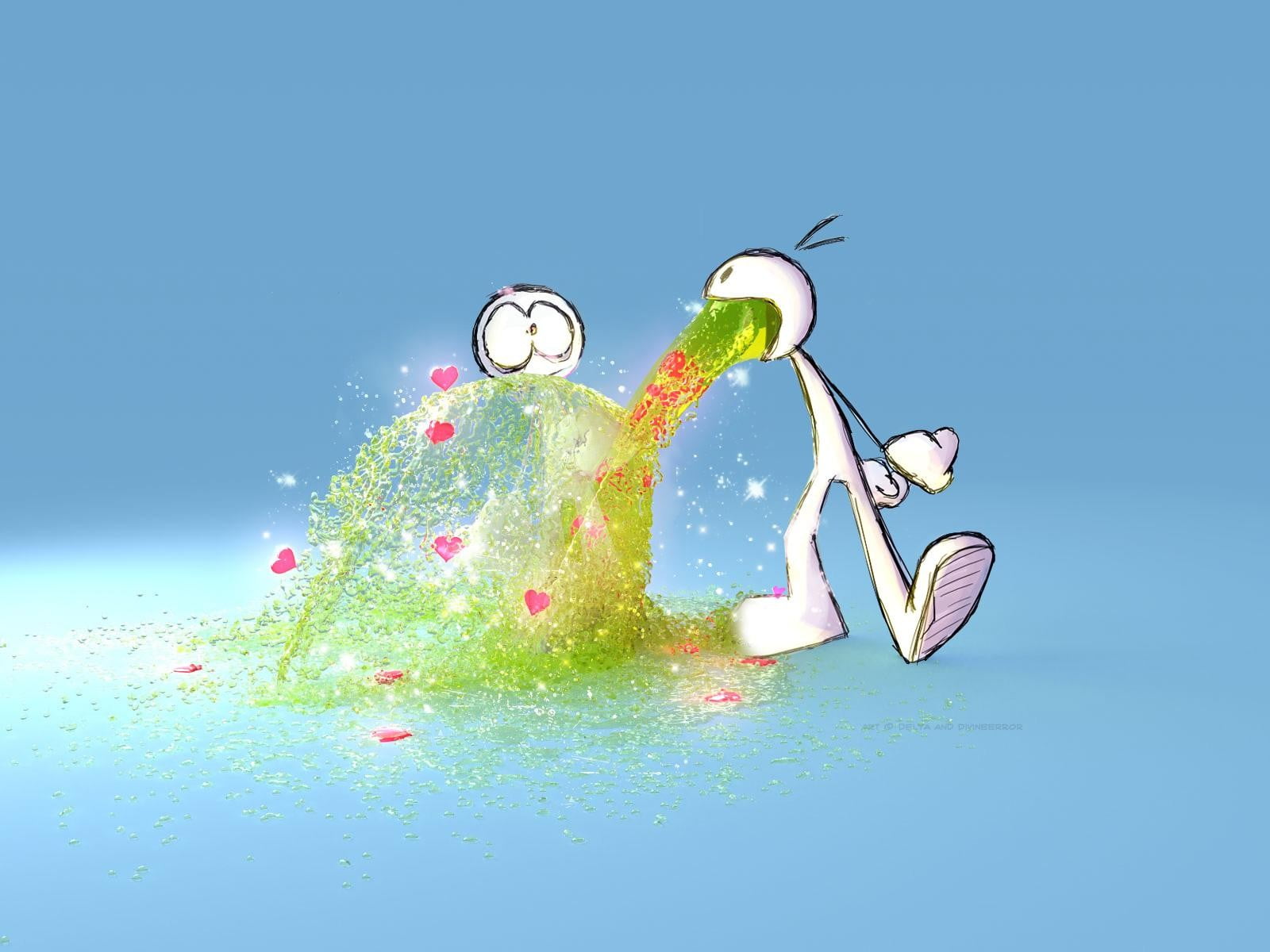 people, copy space, outdoors, sinking, illustration, splashing, sky, fun, cartoon, blue, studio shot, 720P, blue background, water, characters, heart, HD Wallpaper