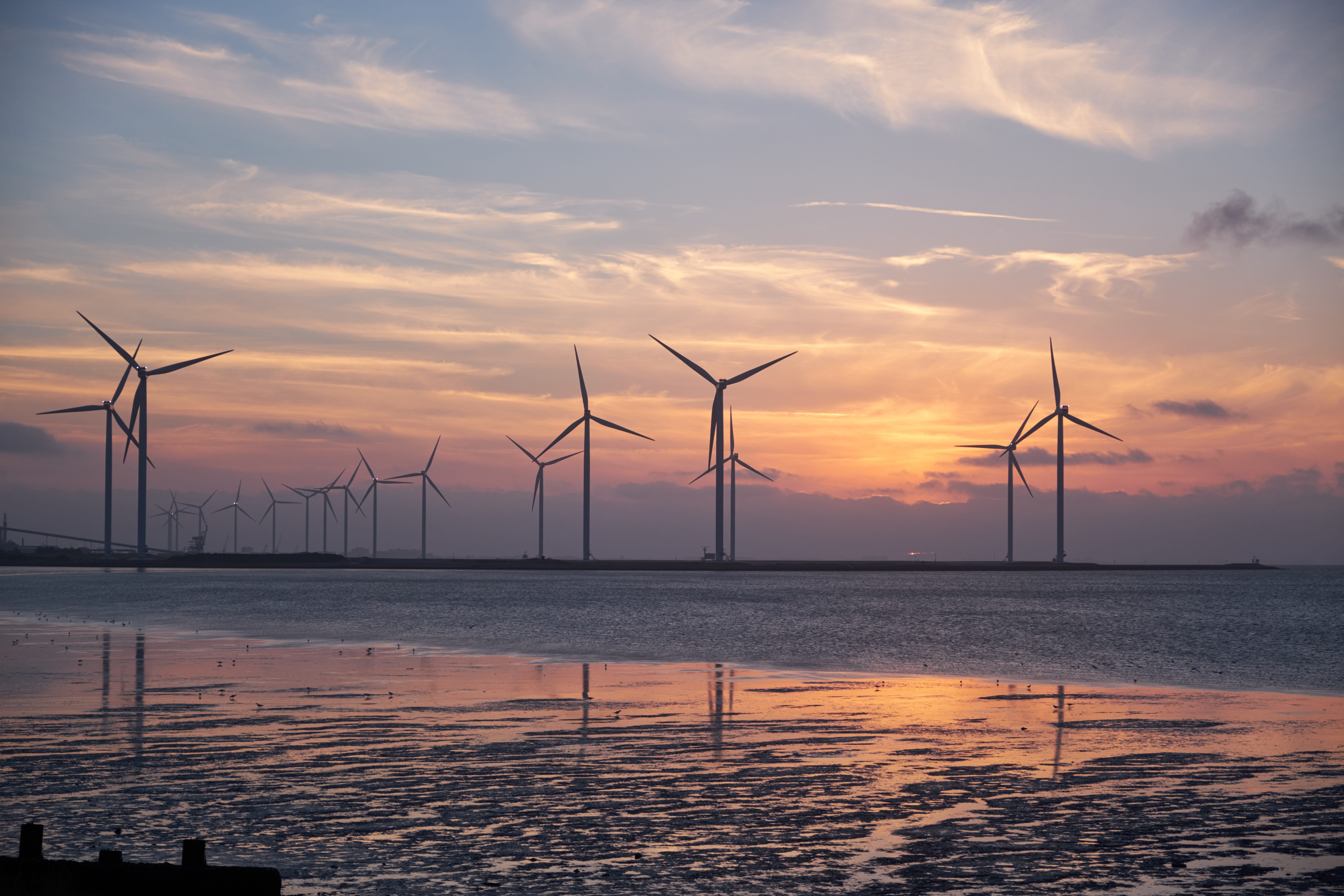 sea, sunrise, efficiency, silhouette, scenics - nature, alternative energy, sunset, electricity, wind turbines, wind turbine, tranquility, environmental conservation, HD Wallpaper