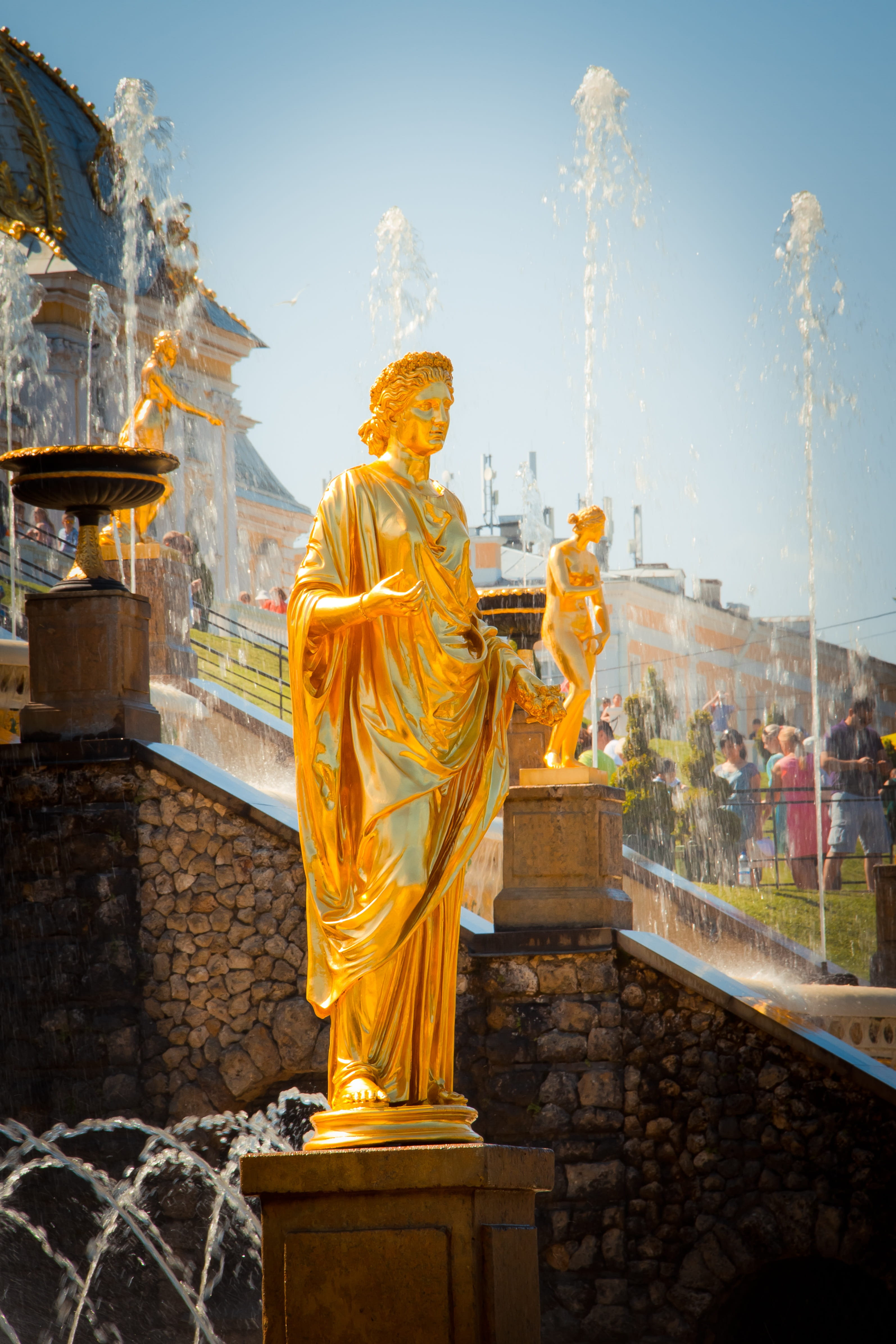 gold Colored, St Petersburg Russia, religion, building, royal, near, famous Place, male likeness, petrodvorets peterhof, art, imperial, baroque, russia, Phone HD Wallpaper