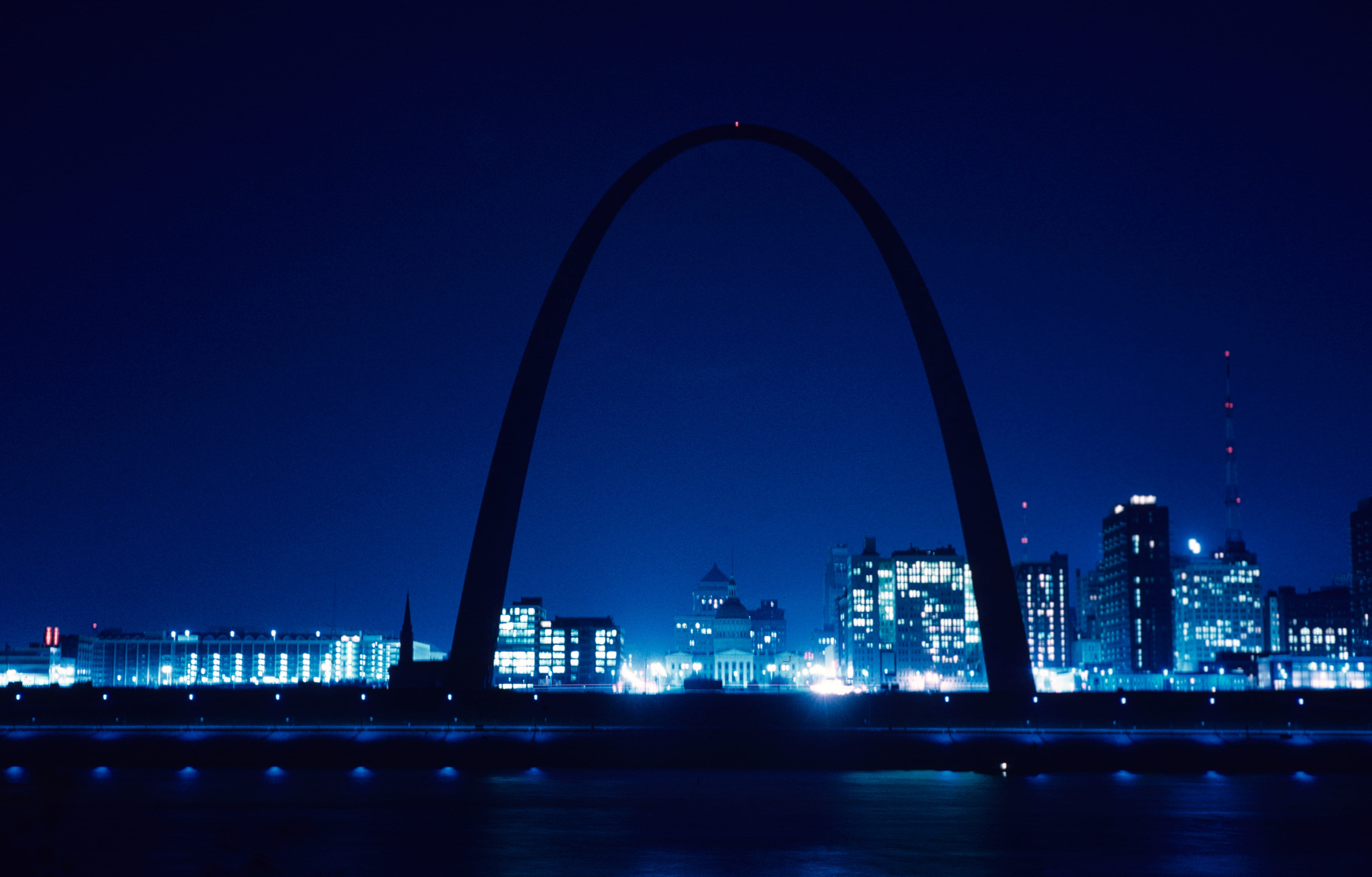 no people, downtown, sky, sea, missouri, 1966, outdoors, united states, passenger craft, urban skyline, city, building, water, saint louis, travel destinations, HD Wallpaper
