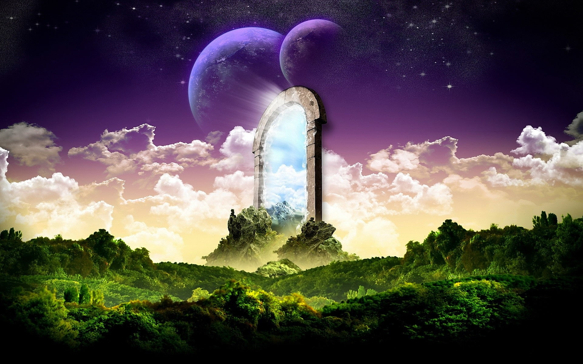 Fantasy, gray, Landscape, moons, gateway, fields, hd, Door, 1080P, green, concrete, Stone, purple, HD Wallpaper