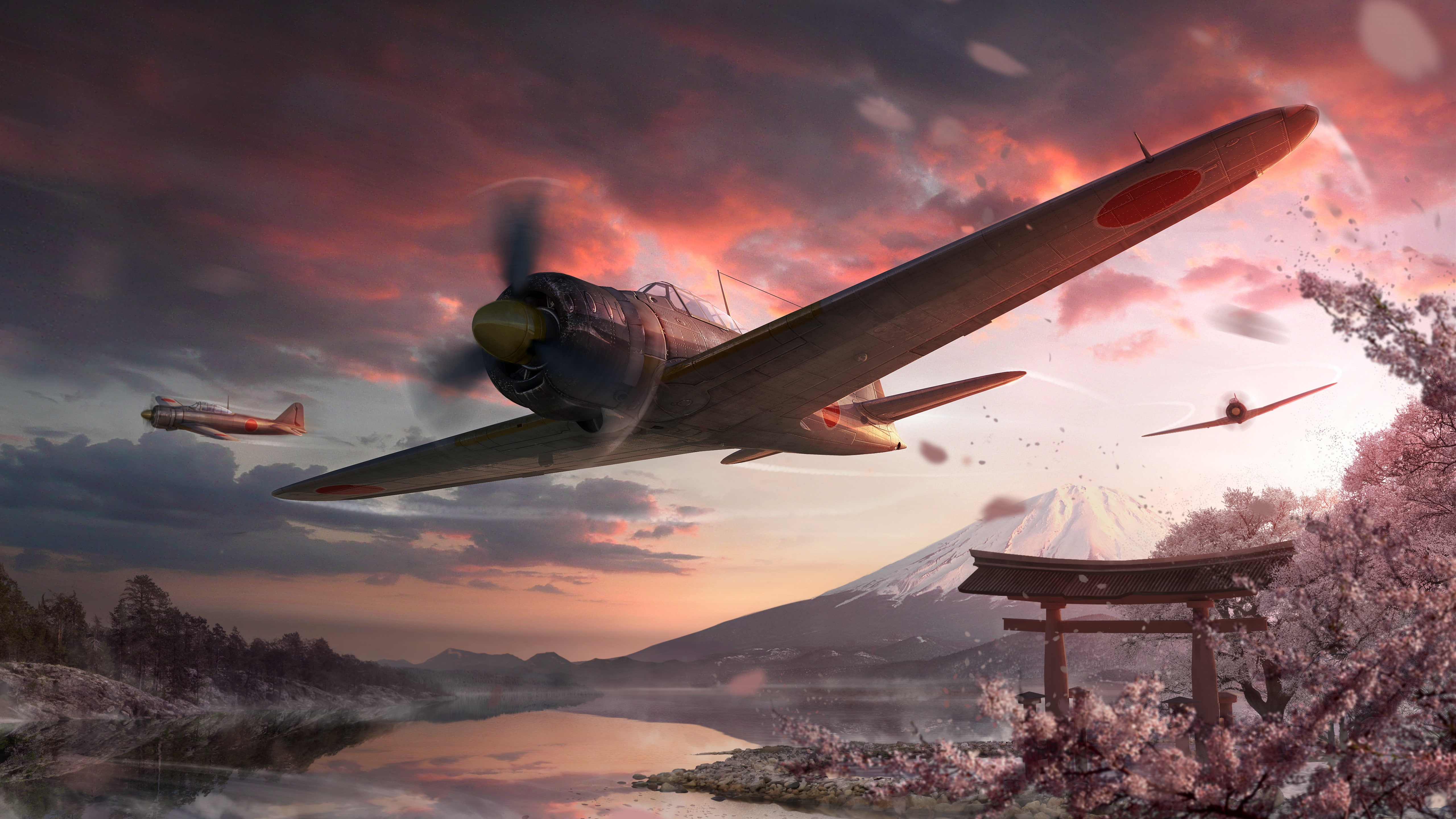 forest, World of Warplanes, MMO, sakura, japan, gate, 5K, sunset, PC, clouds, sky, near, airplane, 5k, mountain, digital, 2015, peak, game, HD Wallpaper