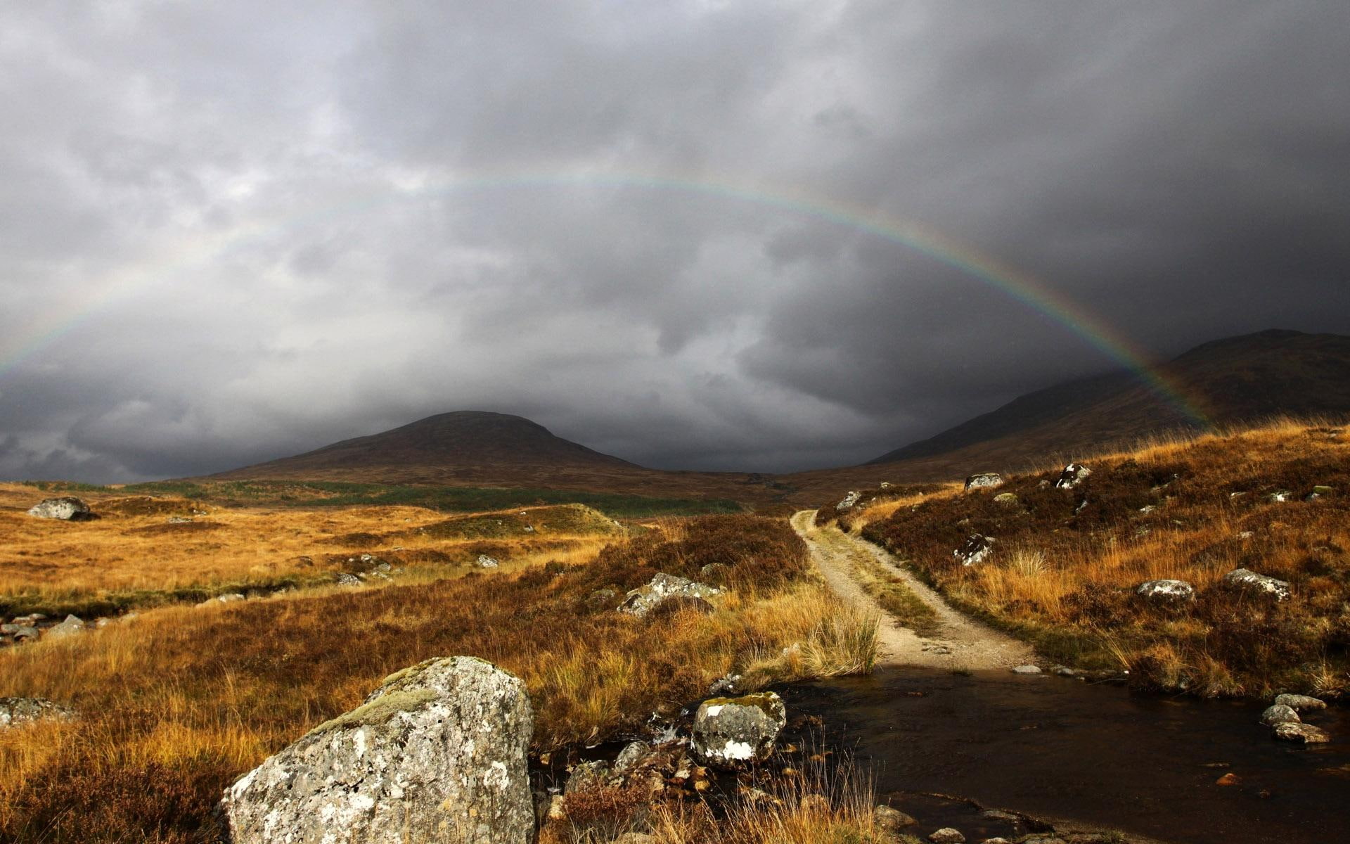 mountains, 1080P, rolling hills, rainbow, clouds, 3d and abstract, HD Wallpaper