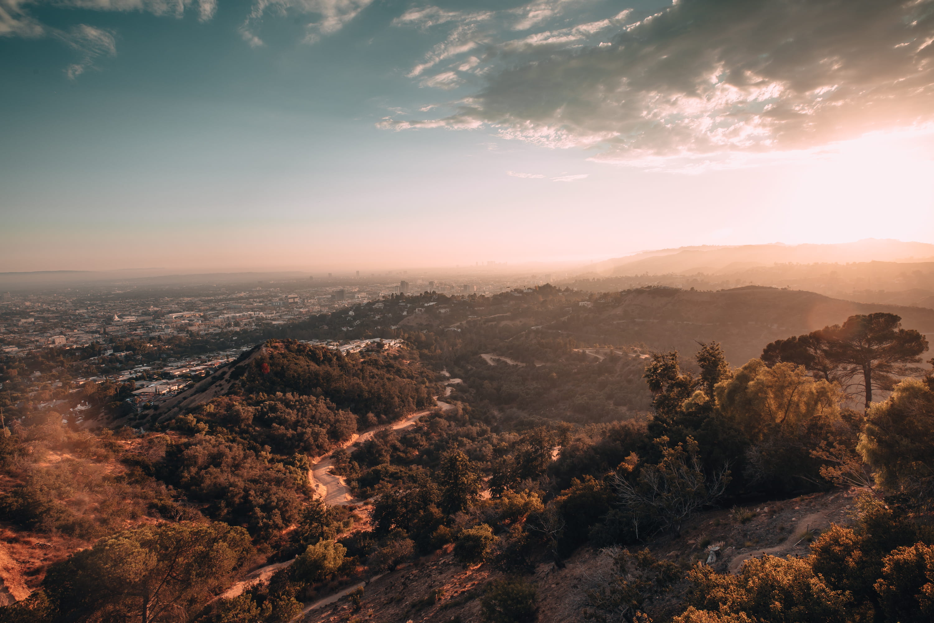 environment, 2K, hollywood, landscape, plant, idyllic, wilshire, moody, tranquil scene, sun, beauty in nature, tranquility, hills, haze, west hollywood, HD Wallpaper