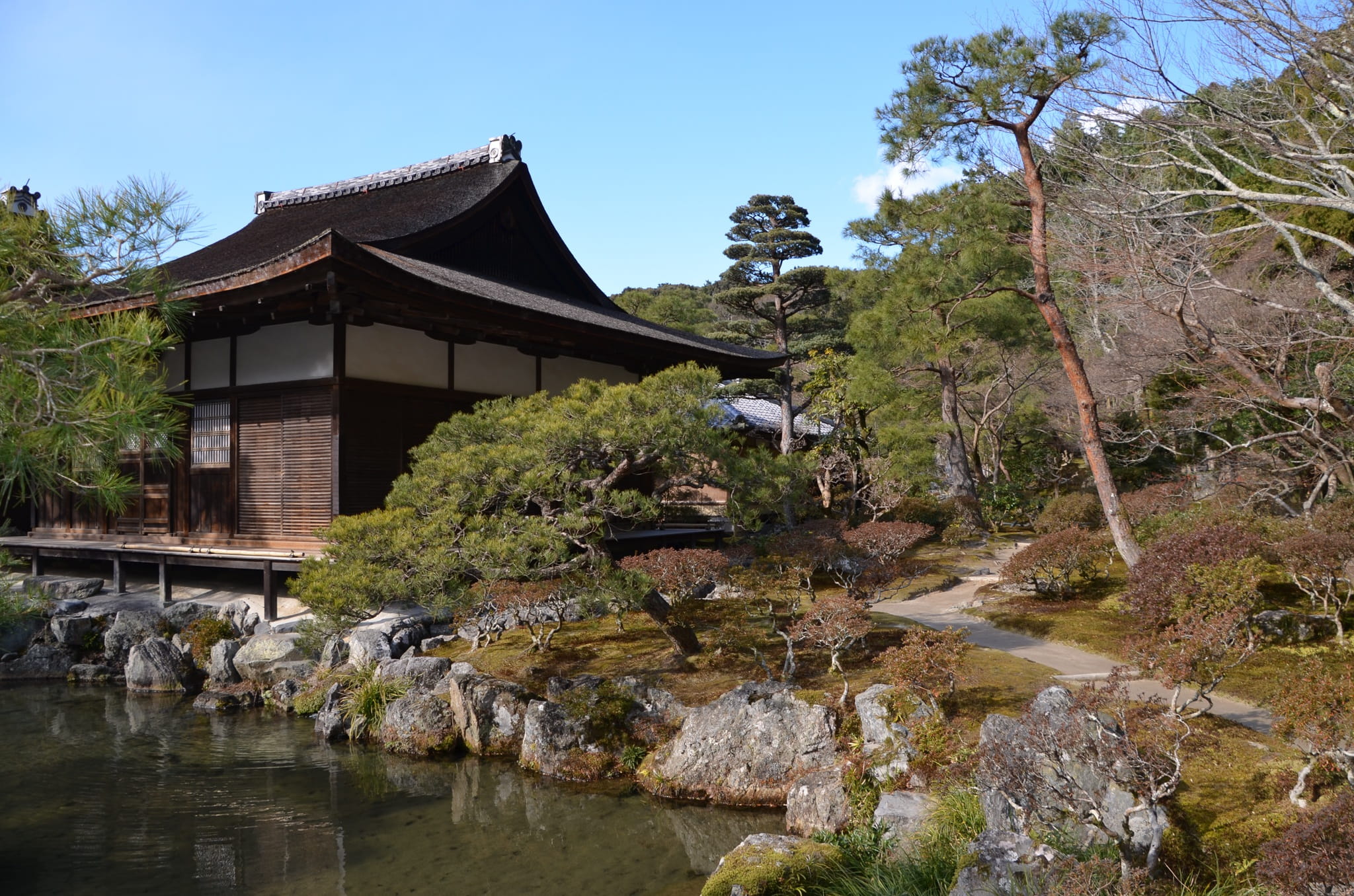 ginkakuji, belief, buddhist, tree, sky, lake, rock, Garden, plant, Japan, cultures, landscape, day, building exterior, Temple, building, architecture, religion, HD Wallpaper