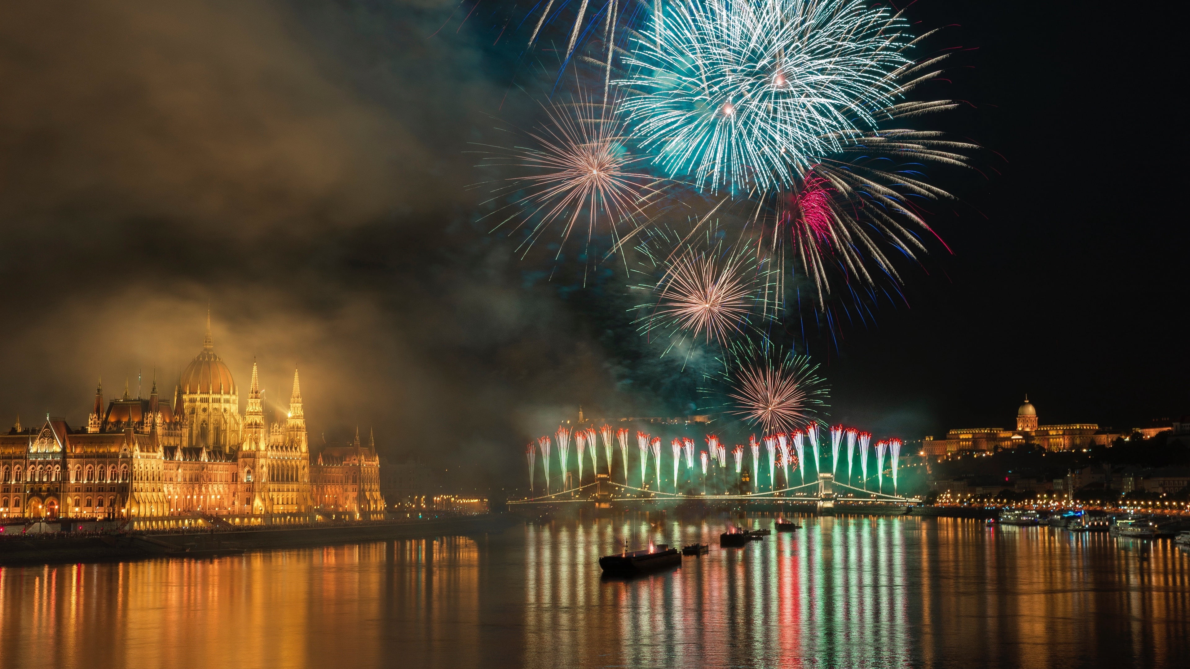 firework, outdoors, skyscraper, river, illuminated, building, city, chain bridge, cityscape, budapest, st stephens day, hungarian parliament building, new years eve, HD Wallpaper