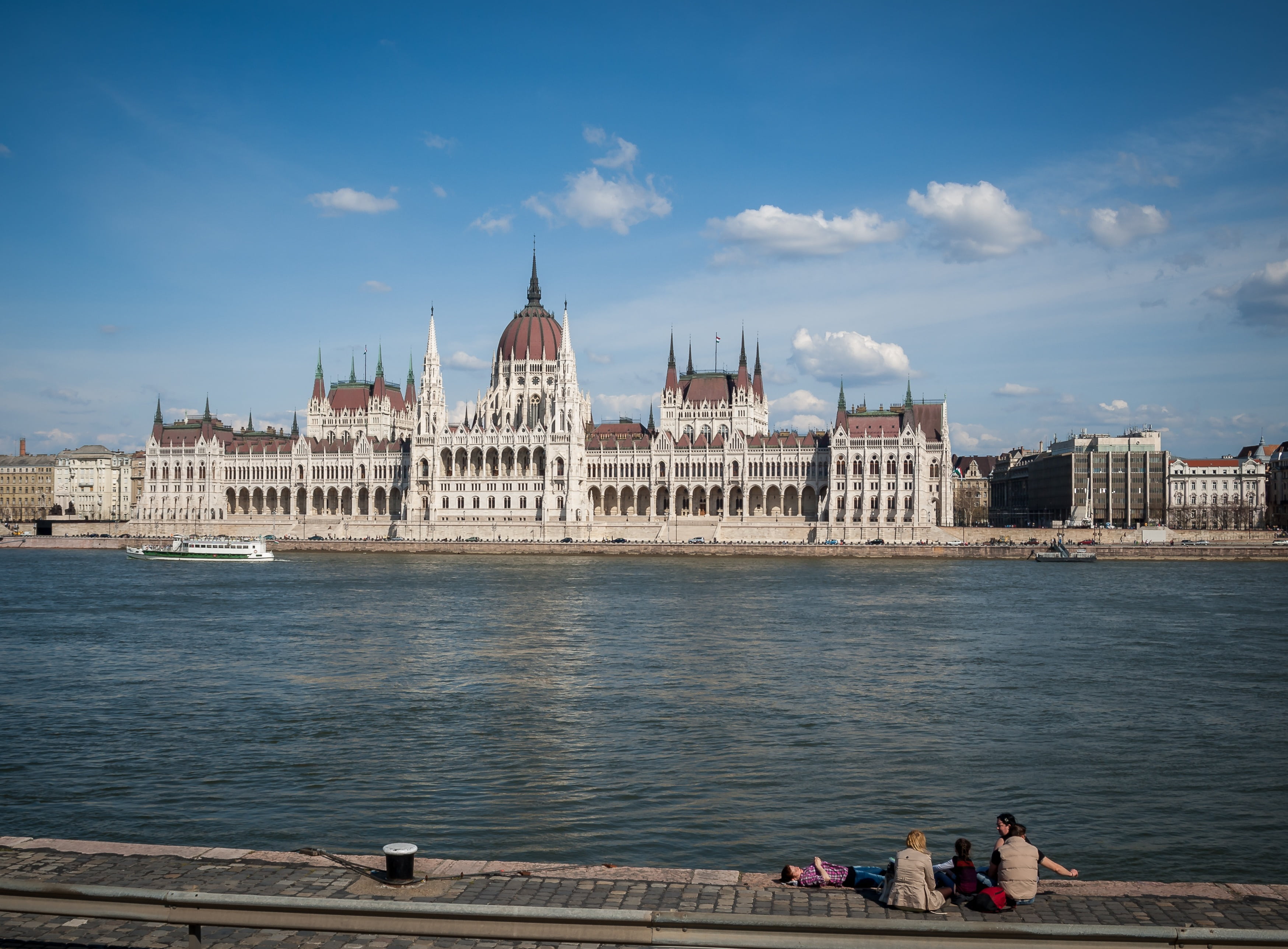 day, outdoors, 2K, building exterior, tourism, building, river, capital, parliament, scape, buildings, built structure, real people, group of people, danube, HD Wallpaper