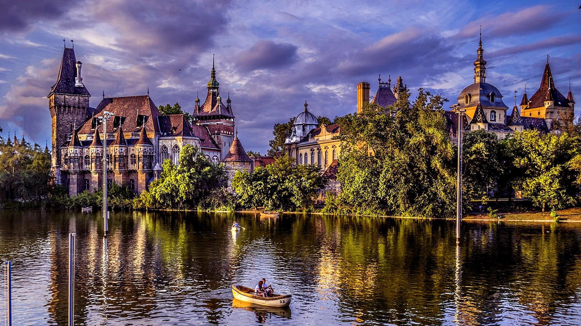 lake, hungary, varosliget, budapest, europe, city, vajdahunyad castle, castle, boating lake, 1080P, boating, boat, HD Wallpaper