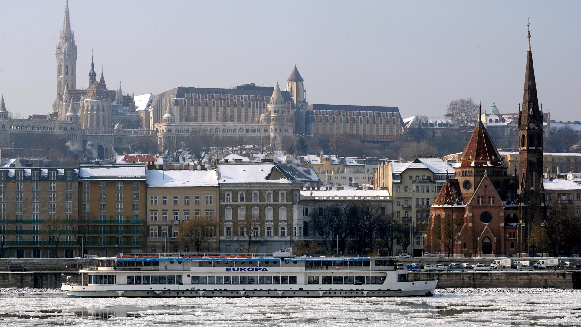 building, cityscape, cruise ship, Hungary, Budapest, tower, ice, church, river, snow, Donau, 1080P, winter, HD Wallpaper