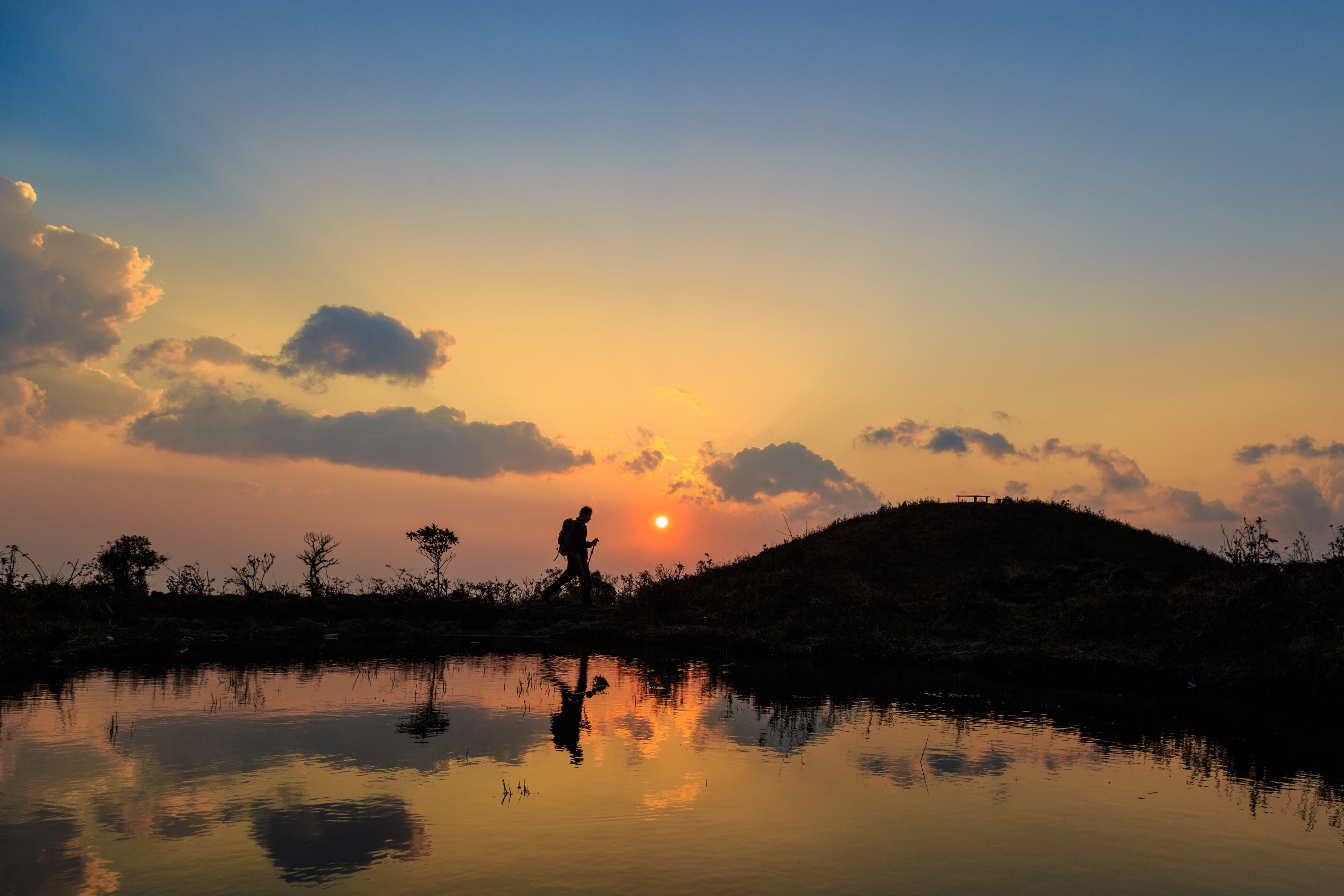 plant, cloud - sky, silhouette, reflection, sillhouette, orange color, waterfront, nature, sunrise, sunset, no people, 4K, idyllic, salt moutain, lao cai province, HD Wallpaper