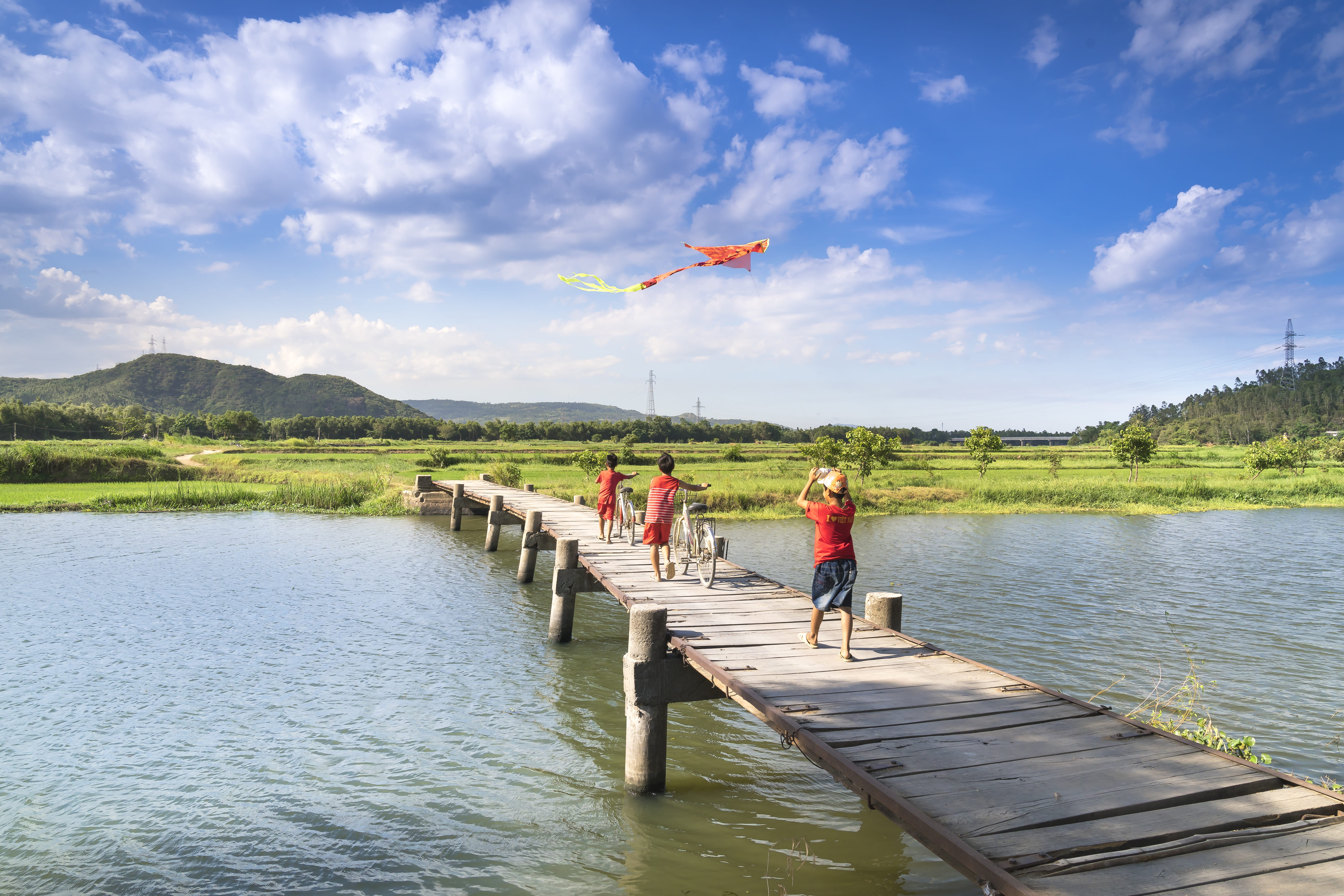 child, wood, fishing, green, family, scenery, nice, sky, wooden bridge, kids, environment, childhood, kite, cloud - sky, village, quiet, togetherness, the countryside, HD Wallpaper