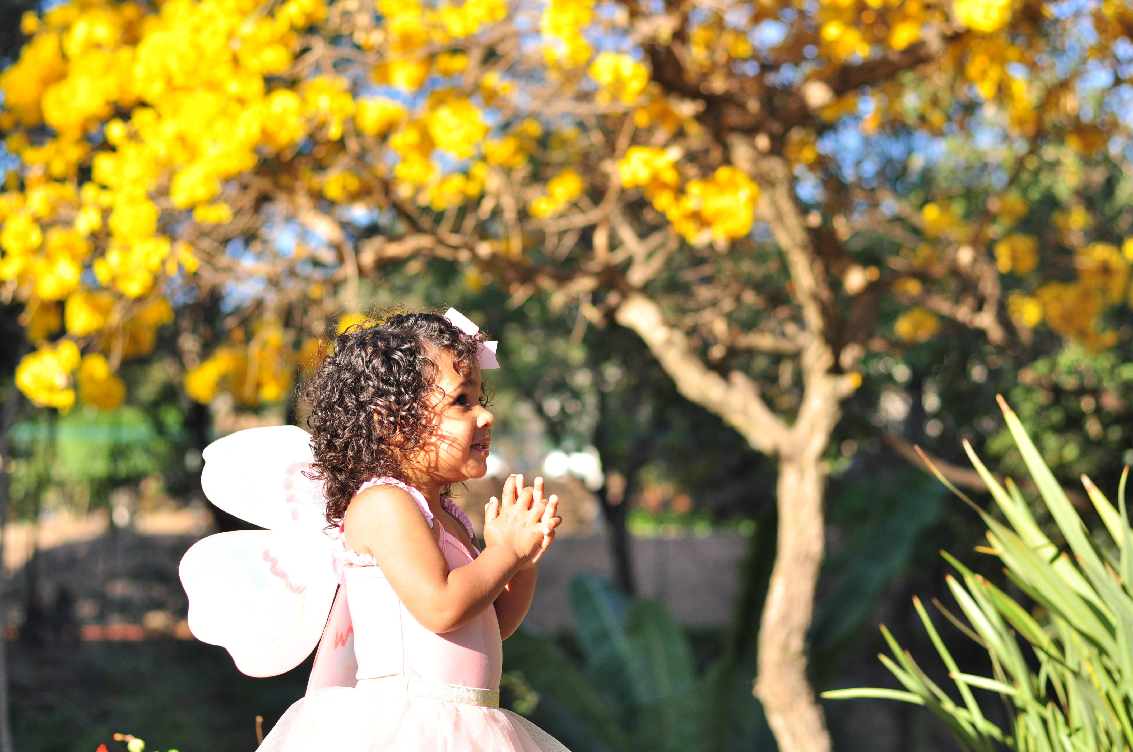 Girl, sunlight, cheerful, leaf, flowers, daytime, standing, Butterfly, day, beauty In Nature, tree, smiling, linear, butterfly, fantasy, green, child, beautiful, HD Wallpaper