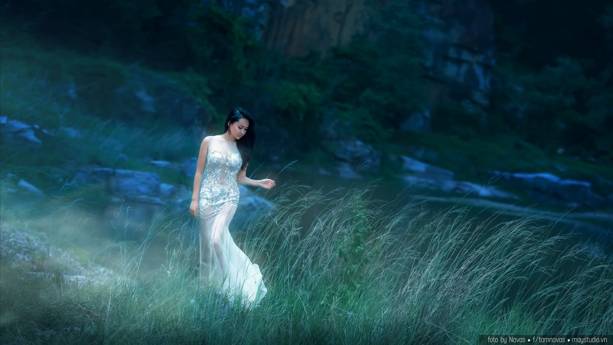 dress, land, hairstyle, real people, outdoors, Asian, full length, one person, tree, hair, lagoon, portrait, nature, 1080P, water, plant, adult, young adult, HD Wallpaper