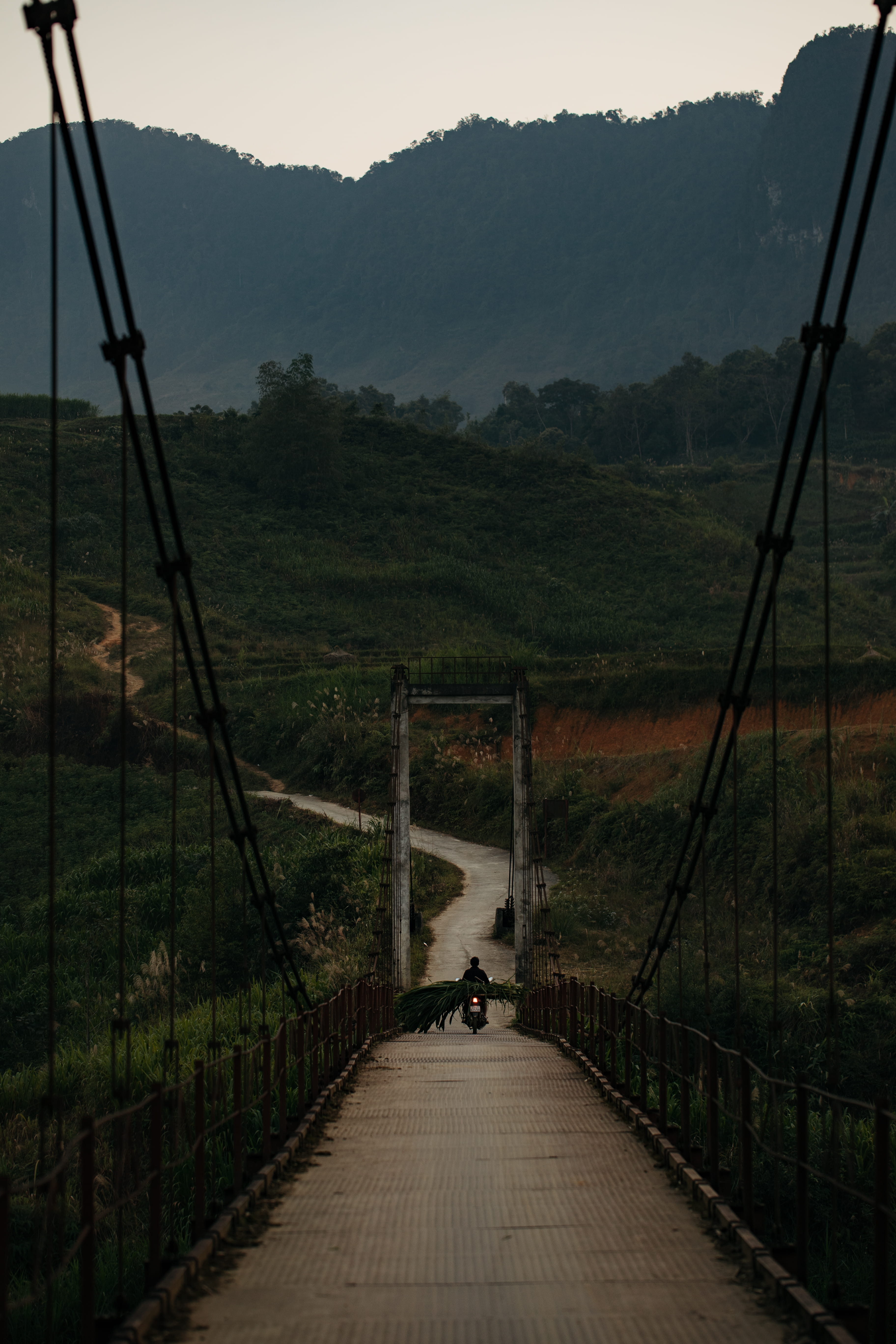 motorcycle journey, plant, mode of transportation, landscape, motorcycle, person, northern vietnam, human, mountain, hustle, suspension bridge, travel photography, Phone HD Wallpaper