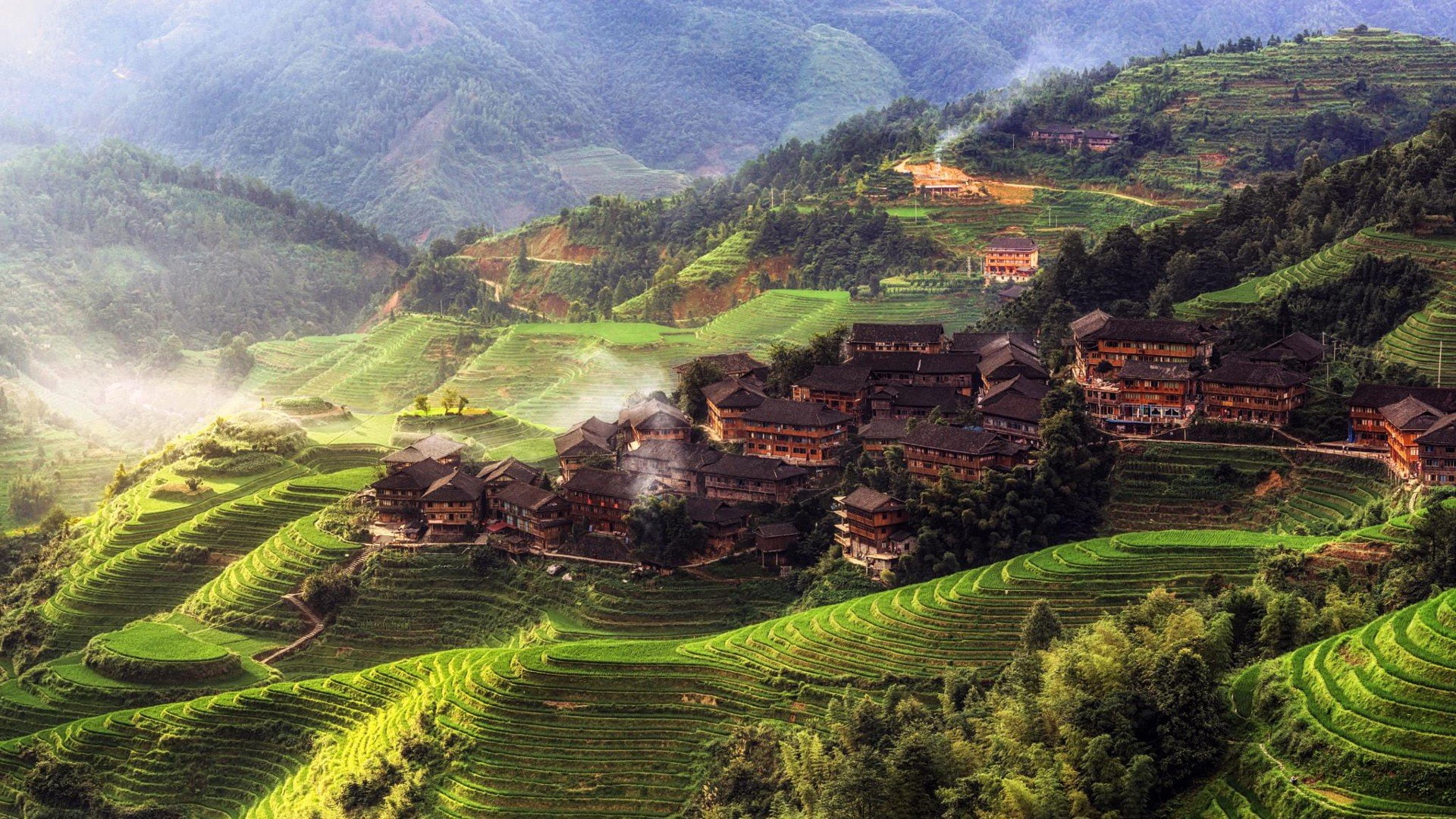 Trees, village, Yangshuo County, mountain, house, Tian Tou Village, 1080P, town, China, HD Wallpaper
