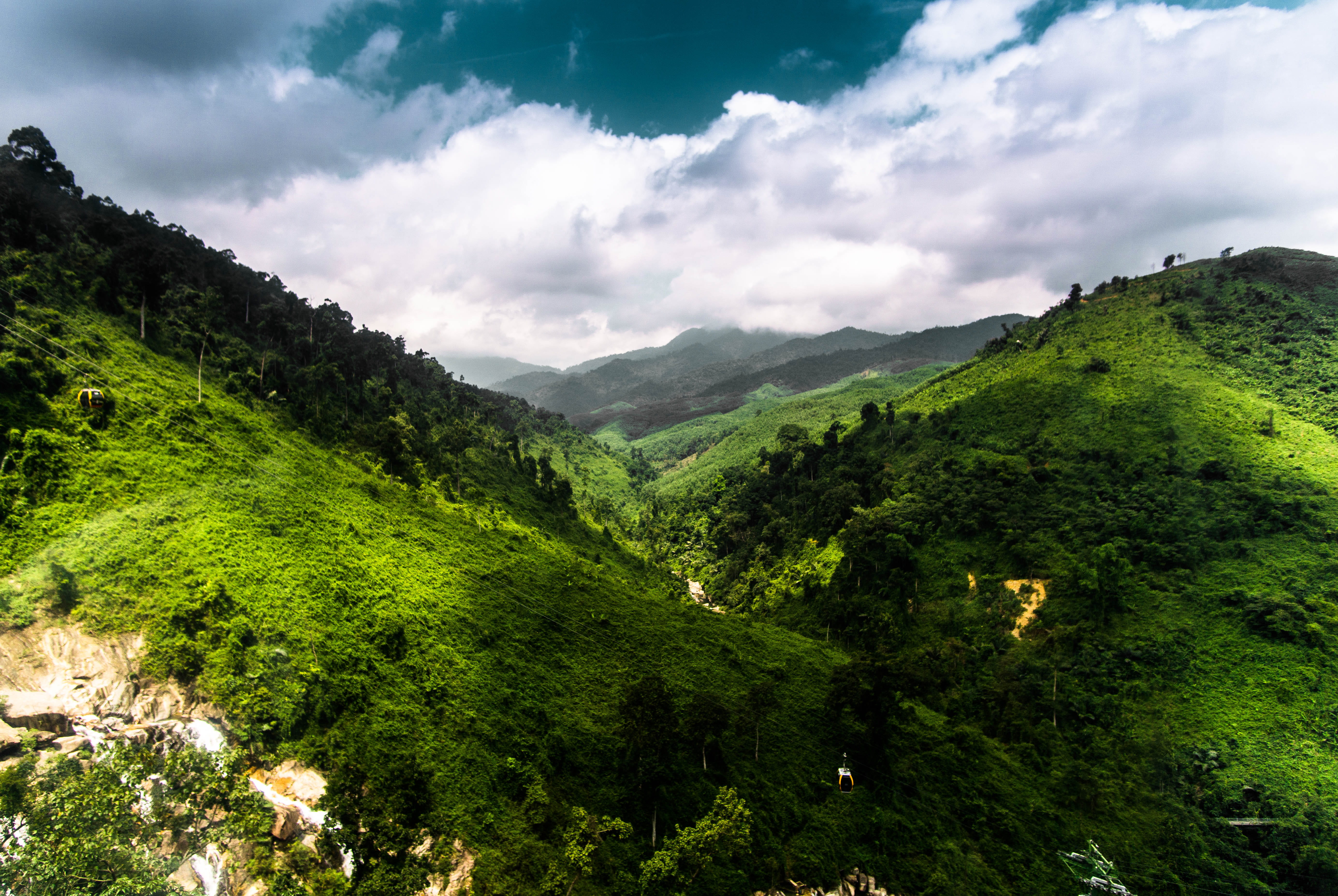 green, grass, idyllic, mountains, tree, plant, clouds, blue, environment, mountain peak, scenics - nature, sky, vietnam, 5K, distance, growth, high, bà nà hills, HD Wallpaper