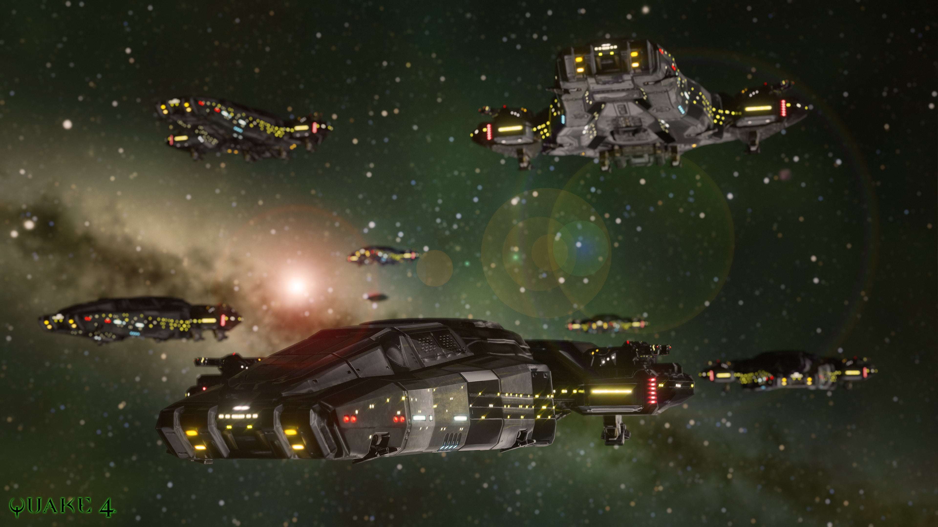 space, 4K, MCC Ship, Quake 4, stars, galaxy, lights, vehicle, spaceship, HD Wallpaper