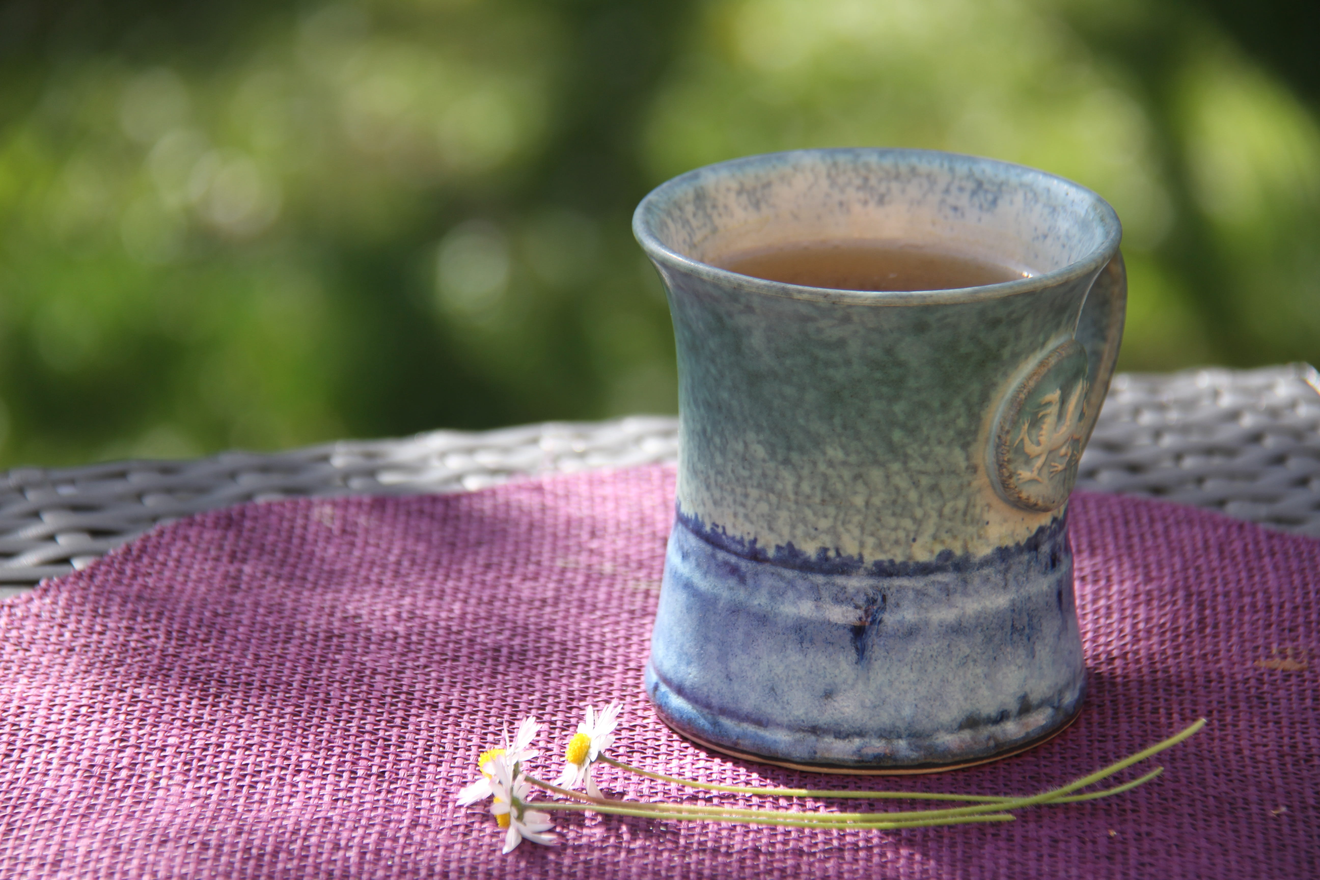5K, cup, outdoors, food, food and drink, tea cup, garden, drink, tea - hot drink, textile, purple, hot drink, heat - temperature, close-up, tea, refreshment, HD Wallpaper