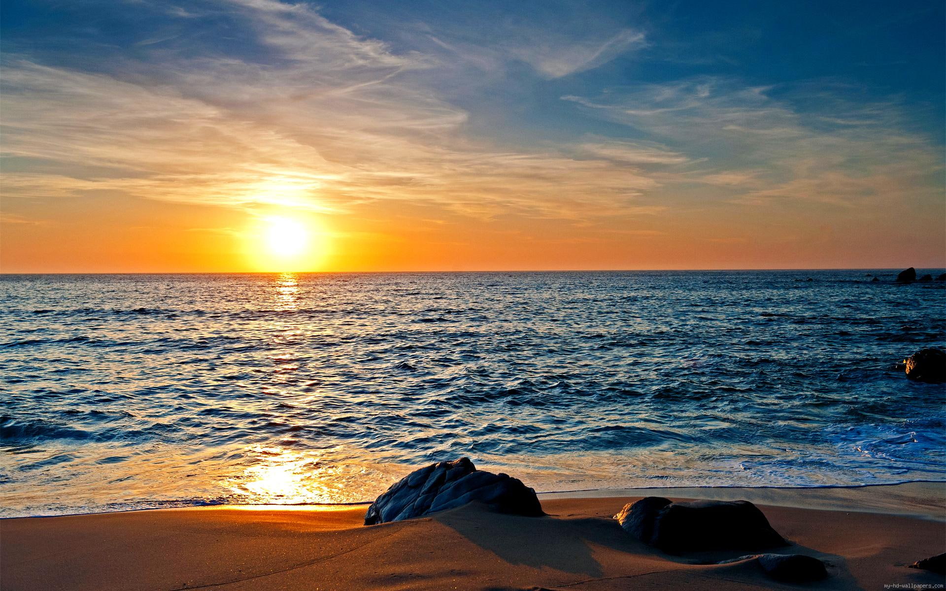 1080P, beach, sunset, sea, clouds, cirrus, HD Wallpaper