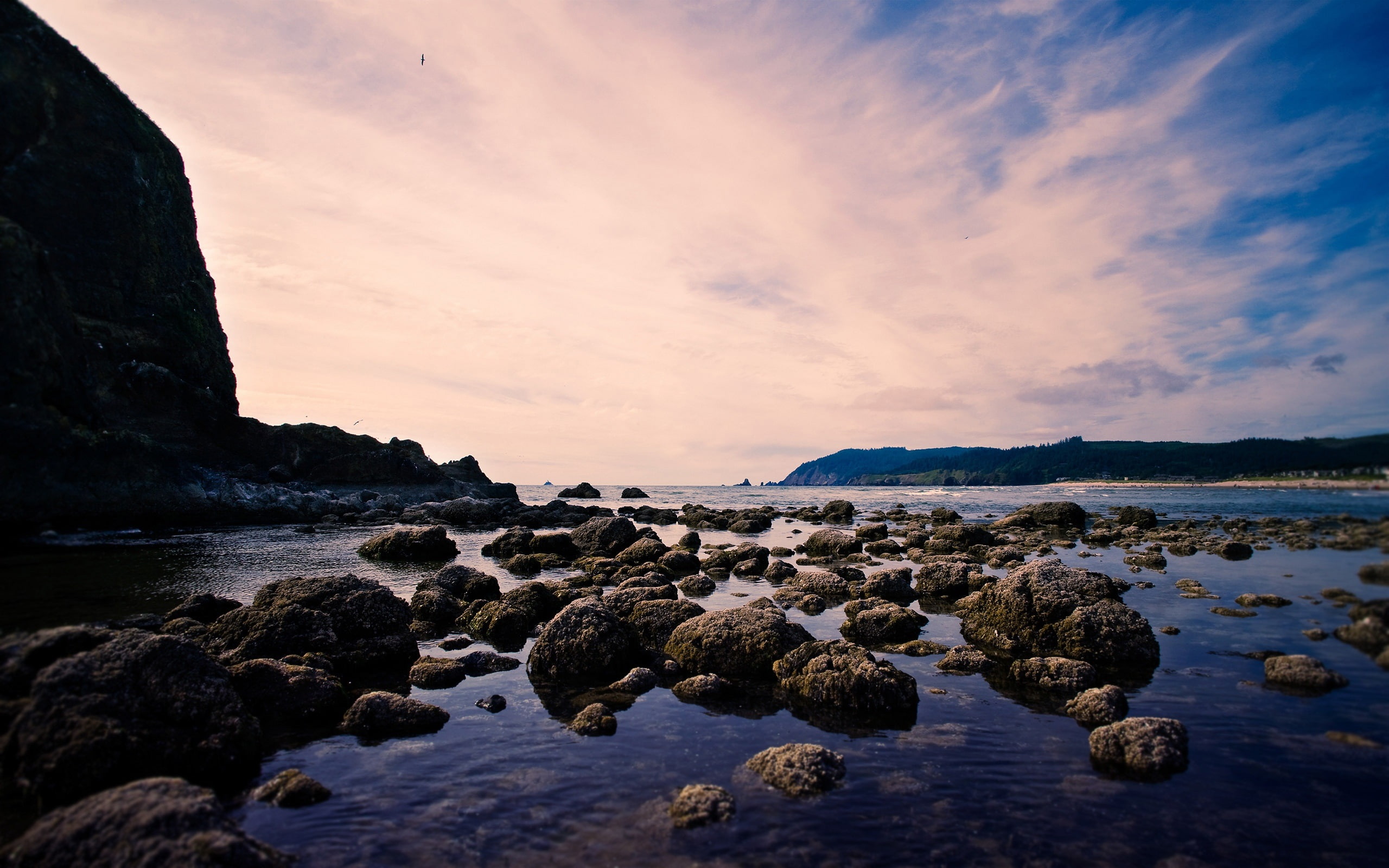 cirrus, Sea, Birds, Dusk, 2K, Sky, Beach, clouds, Rock, HD Wallpaper
